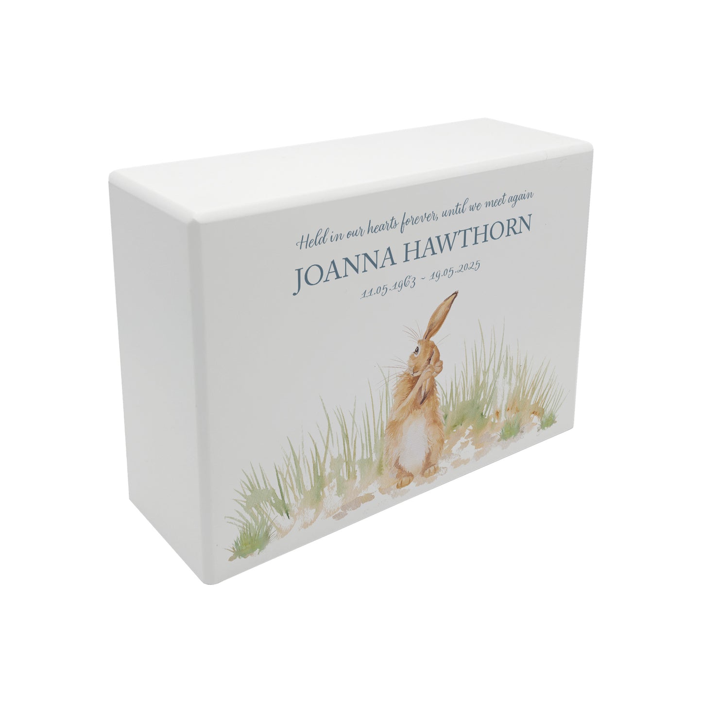 Luxury solid wooden white painted Hare watercolour illustration our urns and Caskets for displaying or burying ashes. Customisable and can be personalised. Perfect funeral memory keepsake urn, for storing ashes for humans and pets.