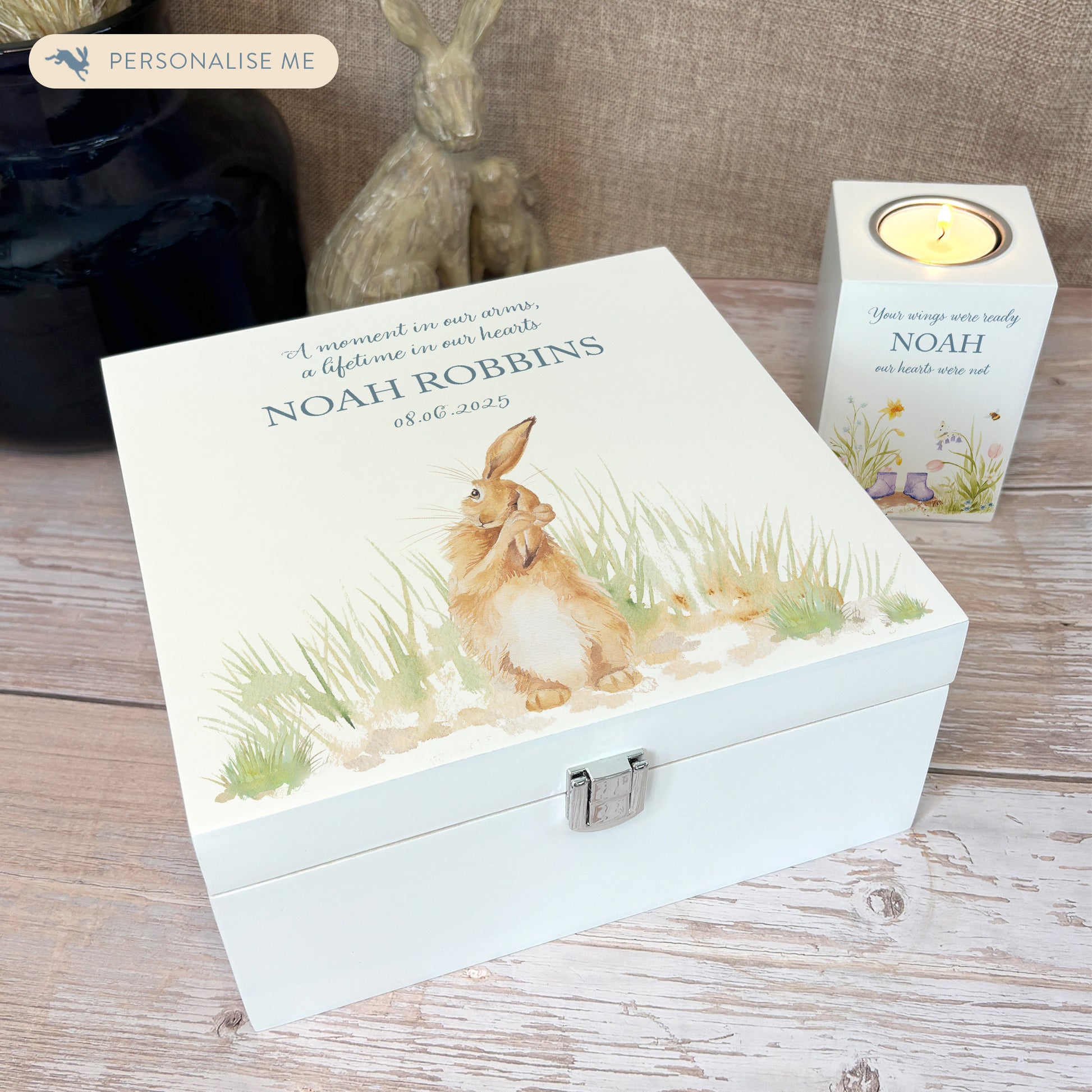 White Square personalised Wooden box with a decorative lid featuring illustrations Hare in a field Perfect funeral memory keepsake box, for storing ashes, order of service, flowers and capturing your loved ones things in one place.