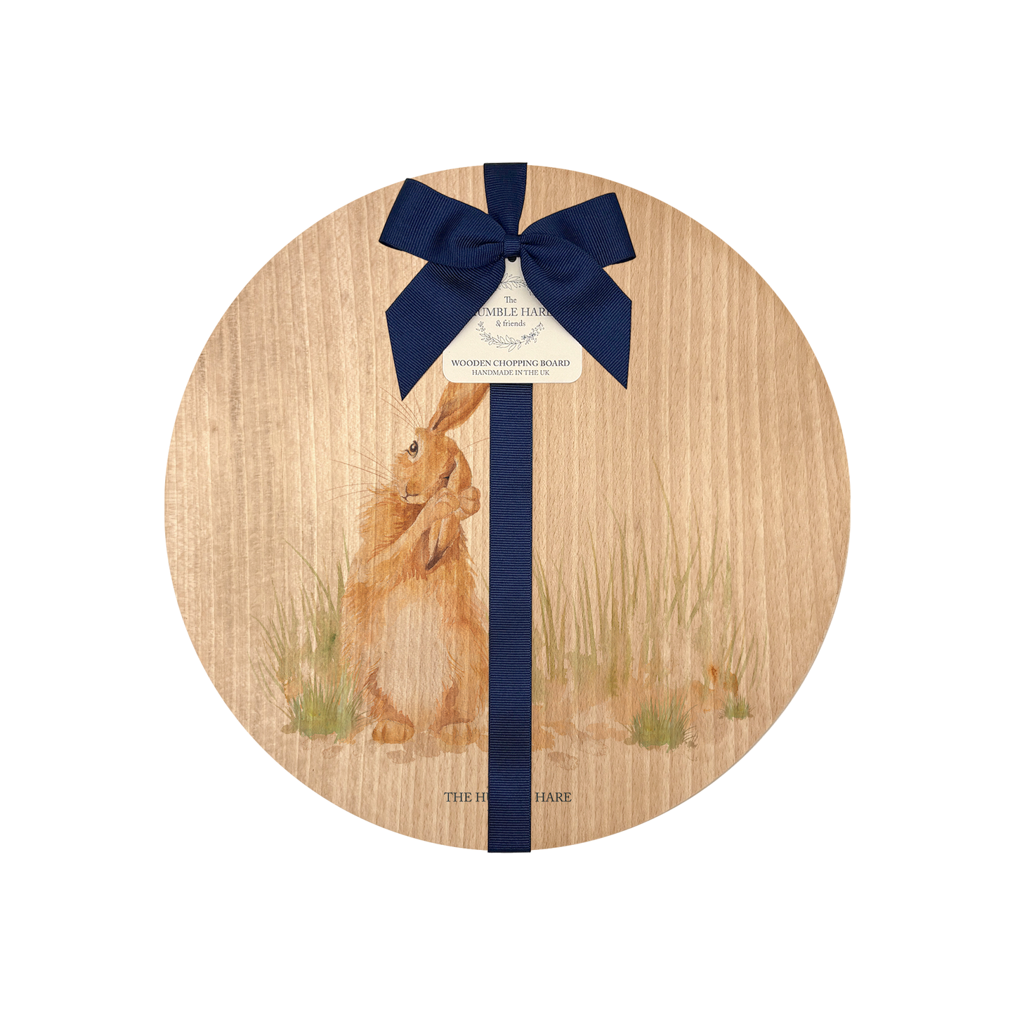 Rustic Beechwood chopping board with countryside-style Hare painting and luxury blue ribbon.