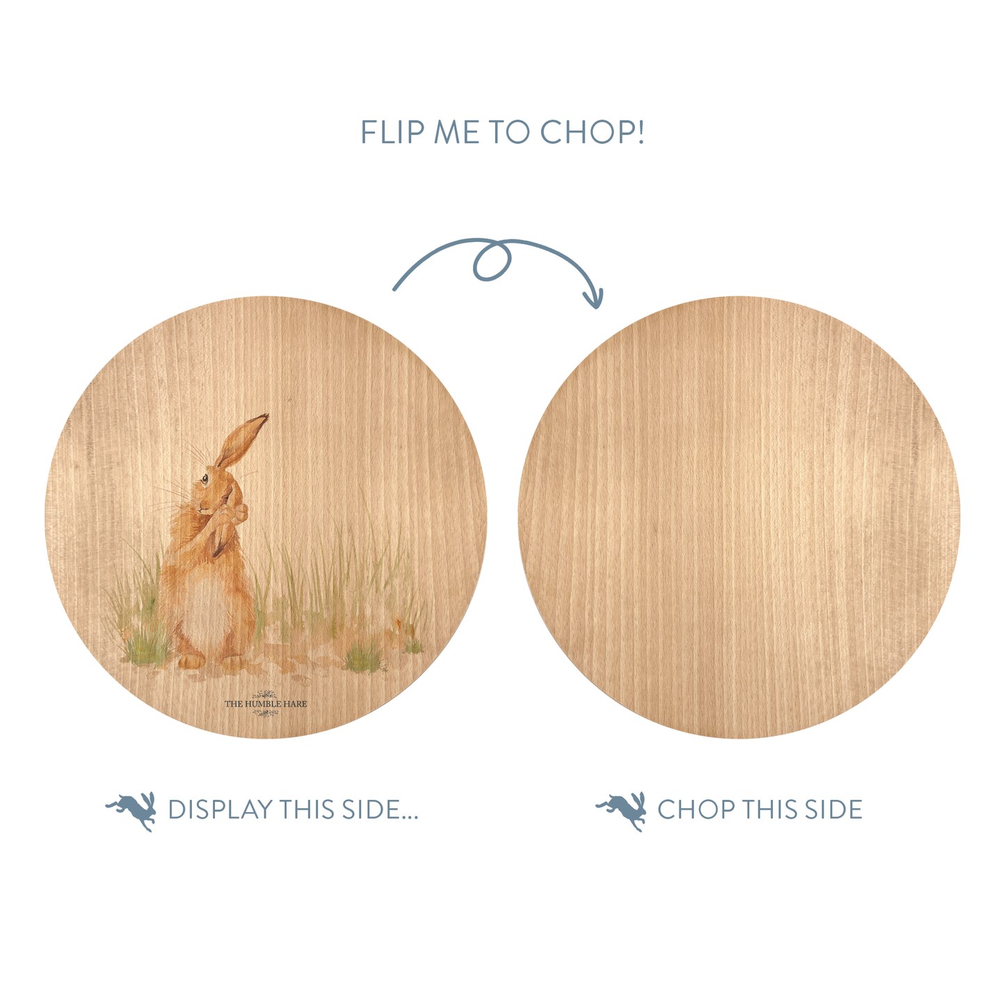 Rustic Beechwood chopping board with countryside-style Hare painting and luxury blue ribbon.