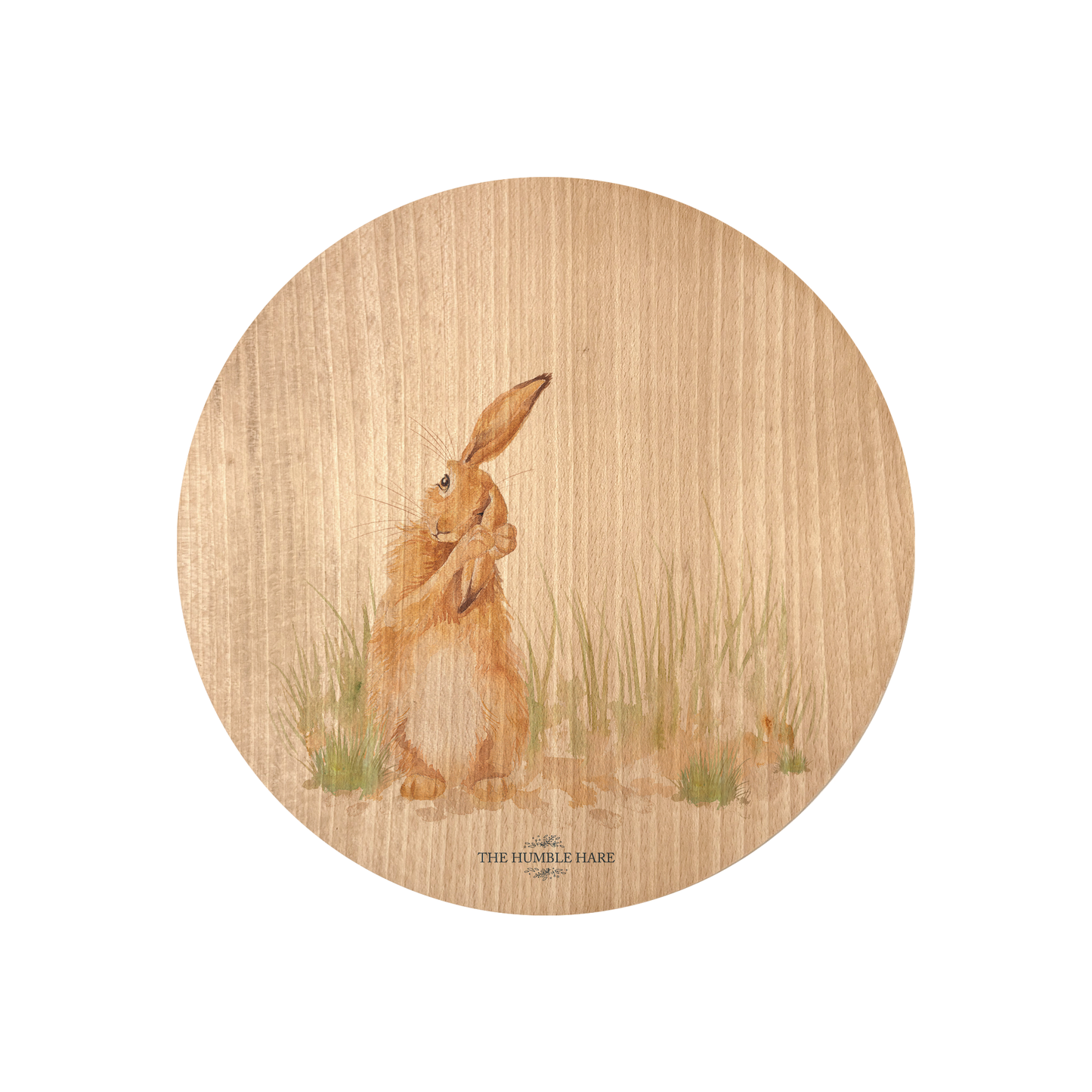Rustic Beechwood chopping board with countryside-style Hare painting and luxury blue ribbon.