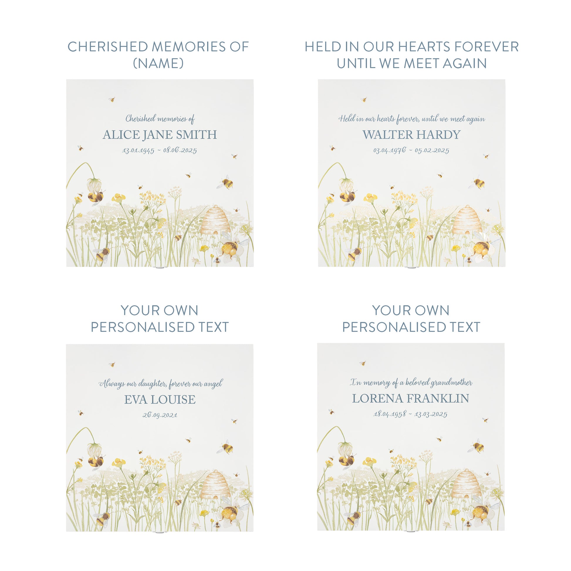 White Square personalised Wooden box with a decorative lid featuring illustrations of a Bee Meadow Perfect funeral memory keepsake box, for storing ashes, order of service, flowers and capturing your loved ones things in one place.
