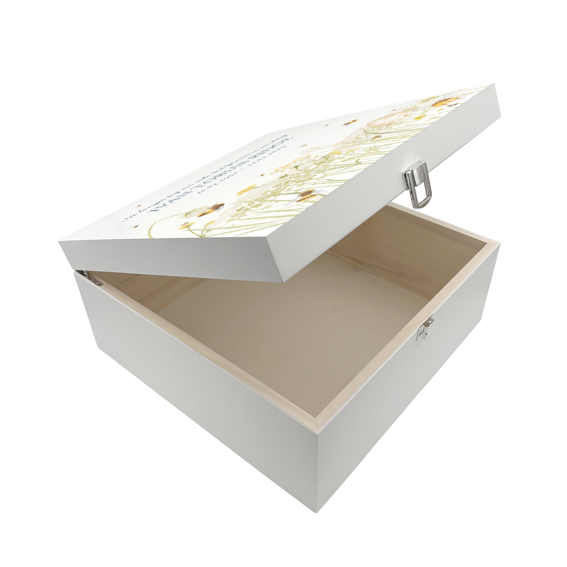 White Square personalised Wooden box with a decorative lid featuring illustrations of a Bee Meadow Perfect funeral memory keepsake box, for storing ashes, order of service, flowers and capturing your loved ones things in one place.