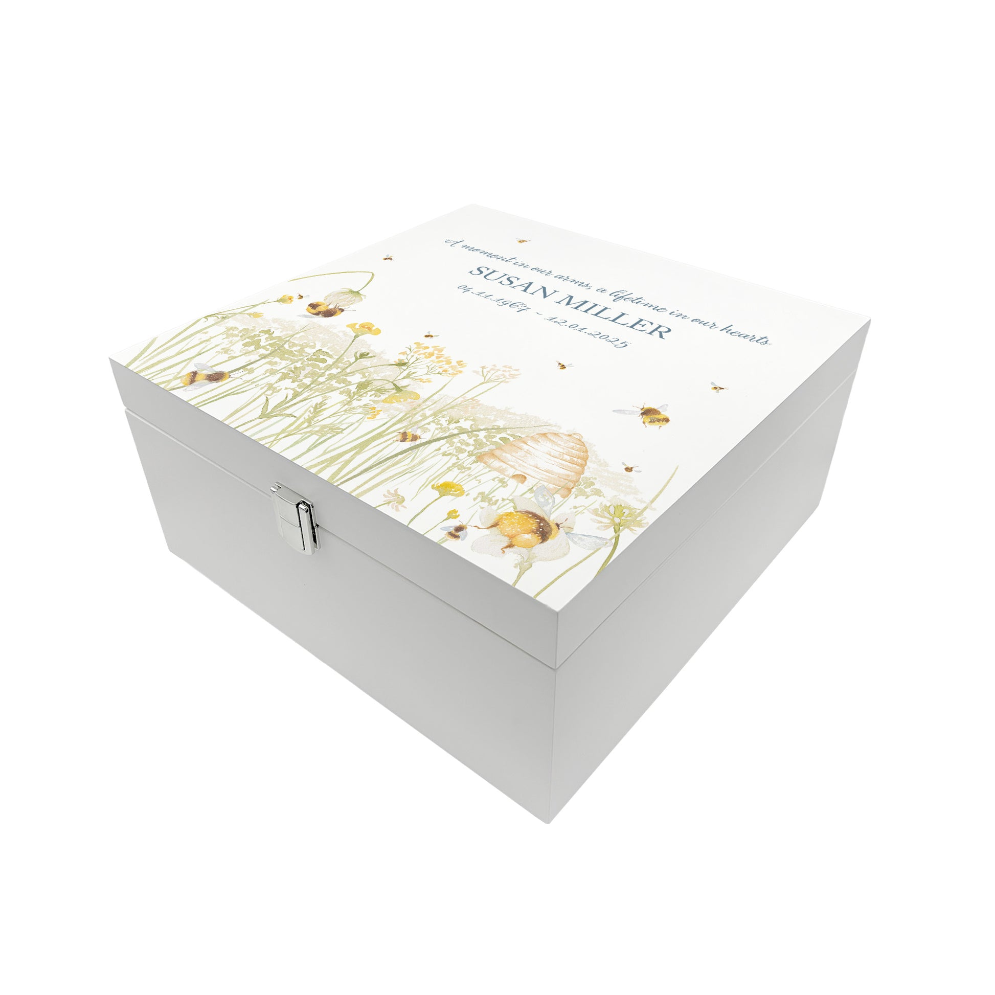 White Square personalised Wooden box with a decorative lid featuring illustrations of a Bee Meadow Perfect funeral memory keepsake box, for storing ashes, order of service, flowers and capturing your loved ones things in one place.