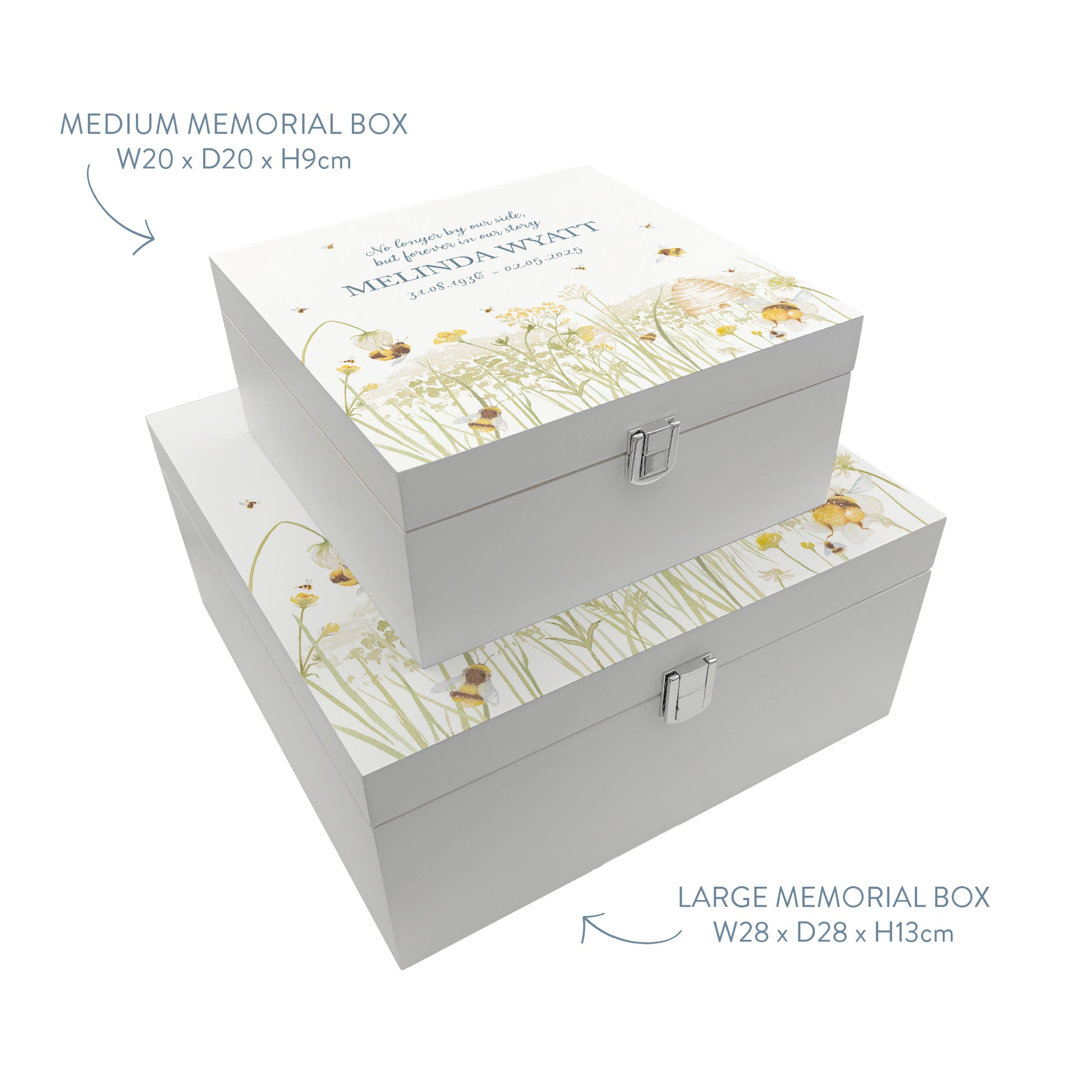 White Square personalised Wooden box with a decorative lid featuring illustrations of a Bee Meadow Perfect funeral memory keepsake box, for storing ashes, order of service, flowers and capturing your loved ones things in one place.