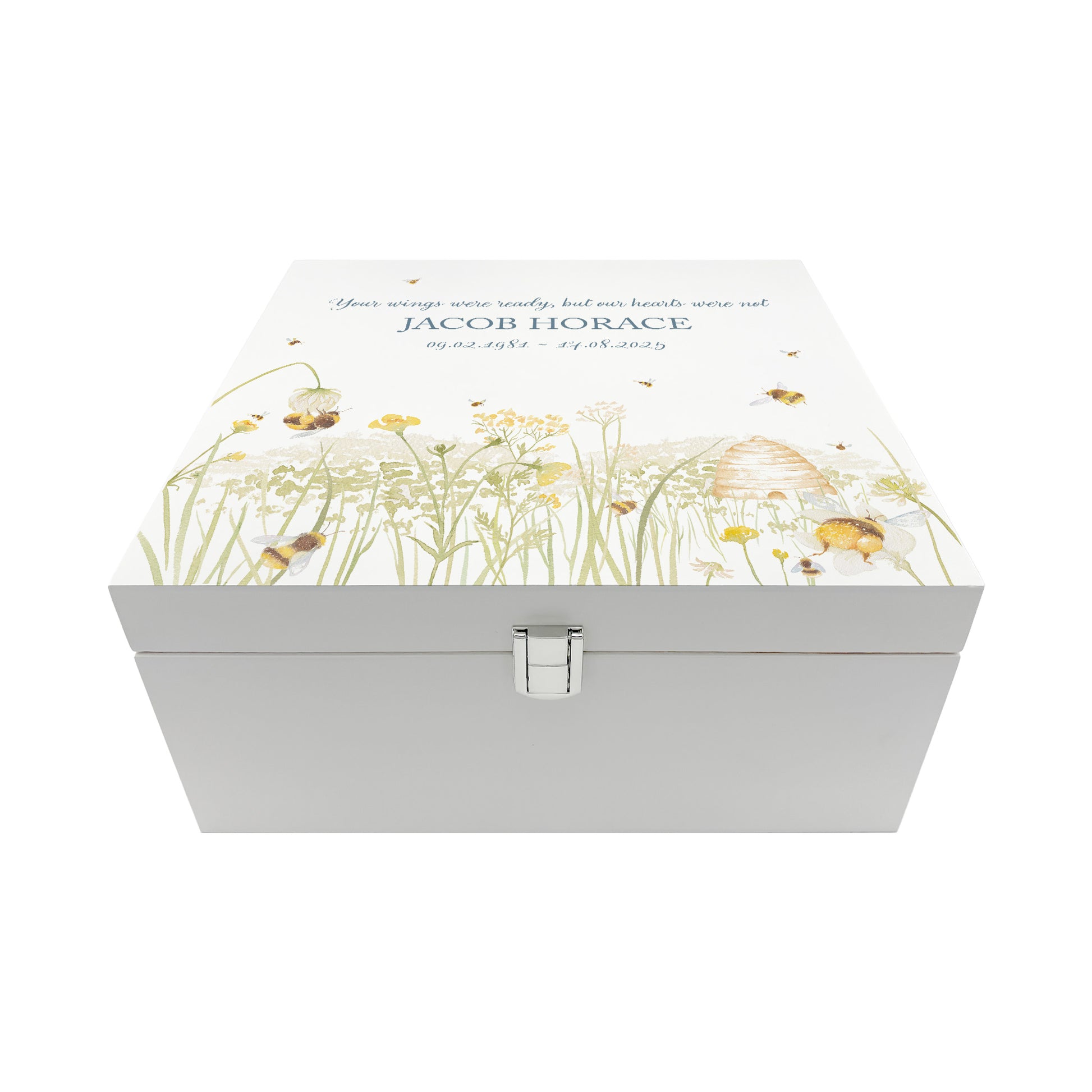 White Square personalised Wooden box with a decorative lid featuring illustrations of a Bee Meadow Perfect funeral memory keepsake box, for storing ashes, order of service, flowers and capturing your loved ones things in one place.