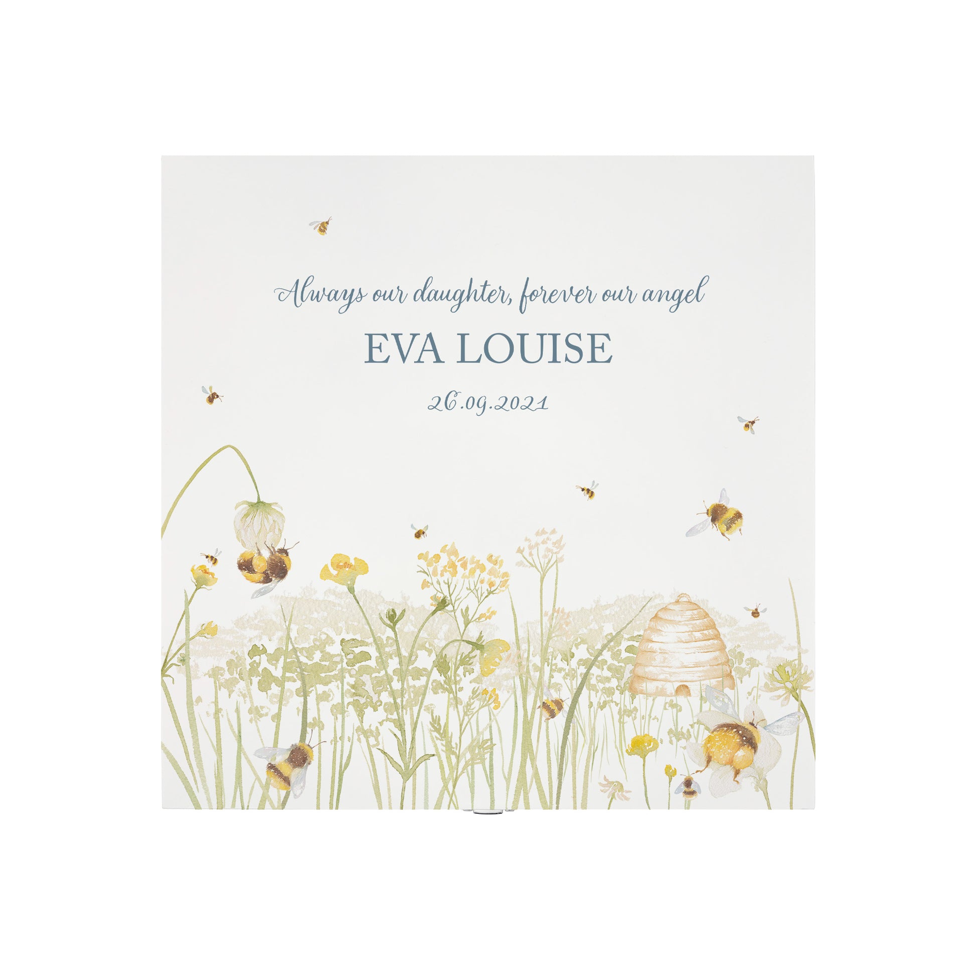 White Square personalised Wooden box with a decorative lid featuring illustrations of a Bee Meadow Perfect funeral memory keepsake box, for storing ashes, order of service, flowers and capturing your loved ones things in one place.
