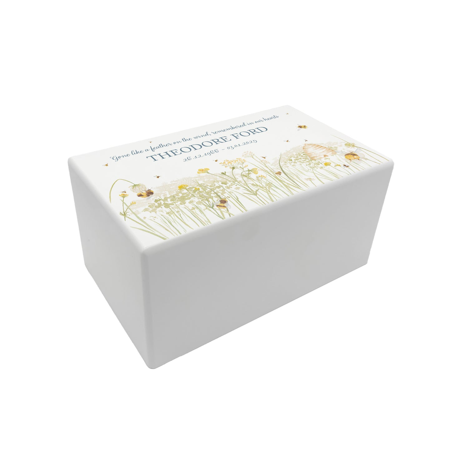 Luxury solid wooden white painted Urn featuring a Bee flower meadow and buzzy bees. A watercolour illustration, our urns and Caskets for displaying or burying ashes. Customisable and can be personalised. Perfect funeral memory keepsake urn, for storing ashes for humans and pets.