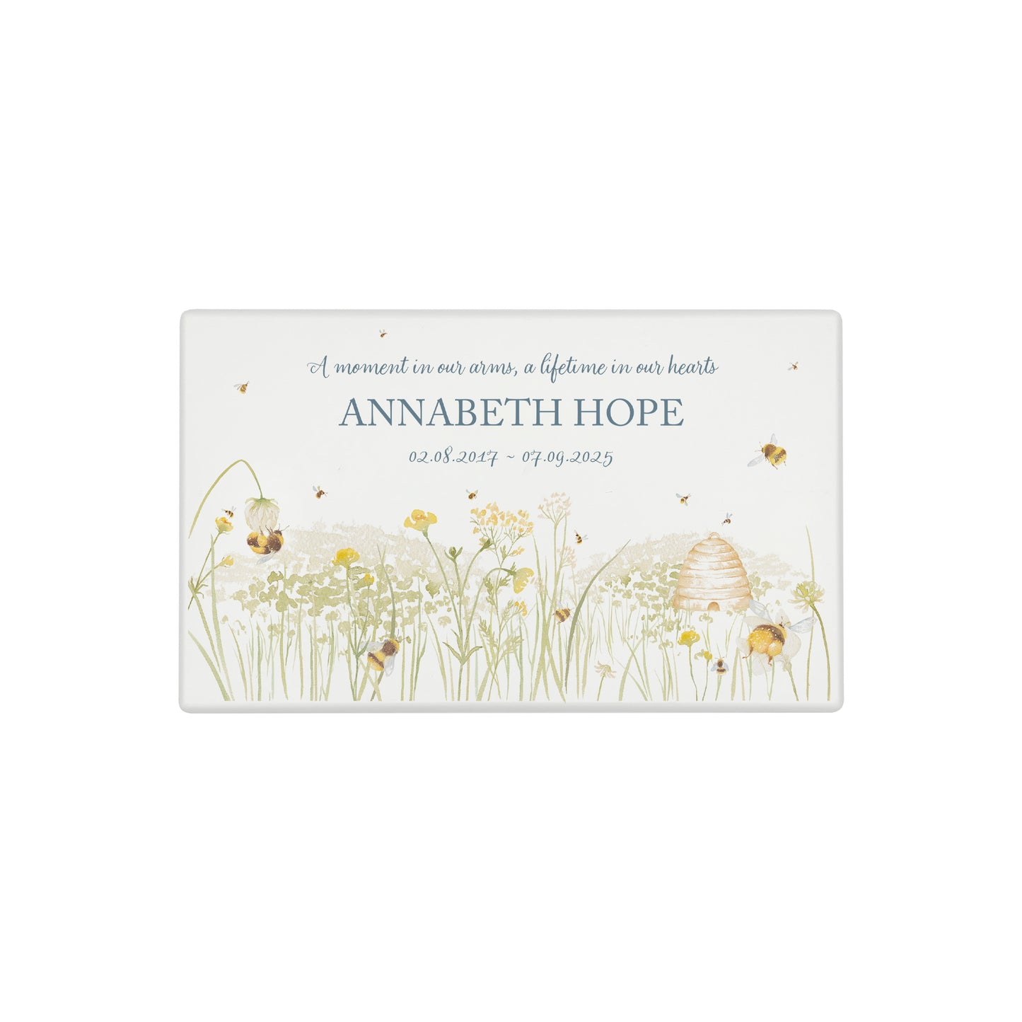 Luxury solid wooden white painted Urn featuring a Bee flower meadow and buzzy bees. A watercolour illustration, our urns and Caskets for displaying or burying ashes. Customisable and can be personalised. Perfect funeral memory keepsake urn, for storing ashes for humans and pets.
