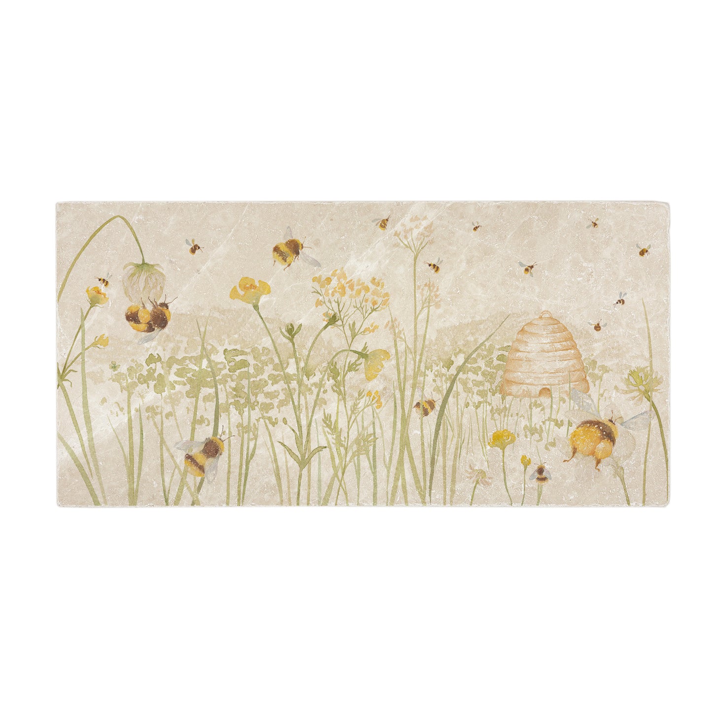 A handmade rectangle cream marble splashback tile featuring a watercolour design showing a buttercup meadow full of bumblebees and honey bees around their beehive.