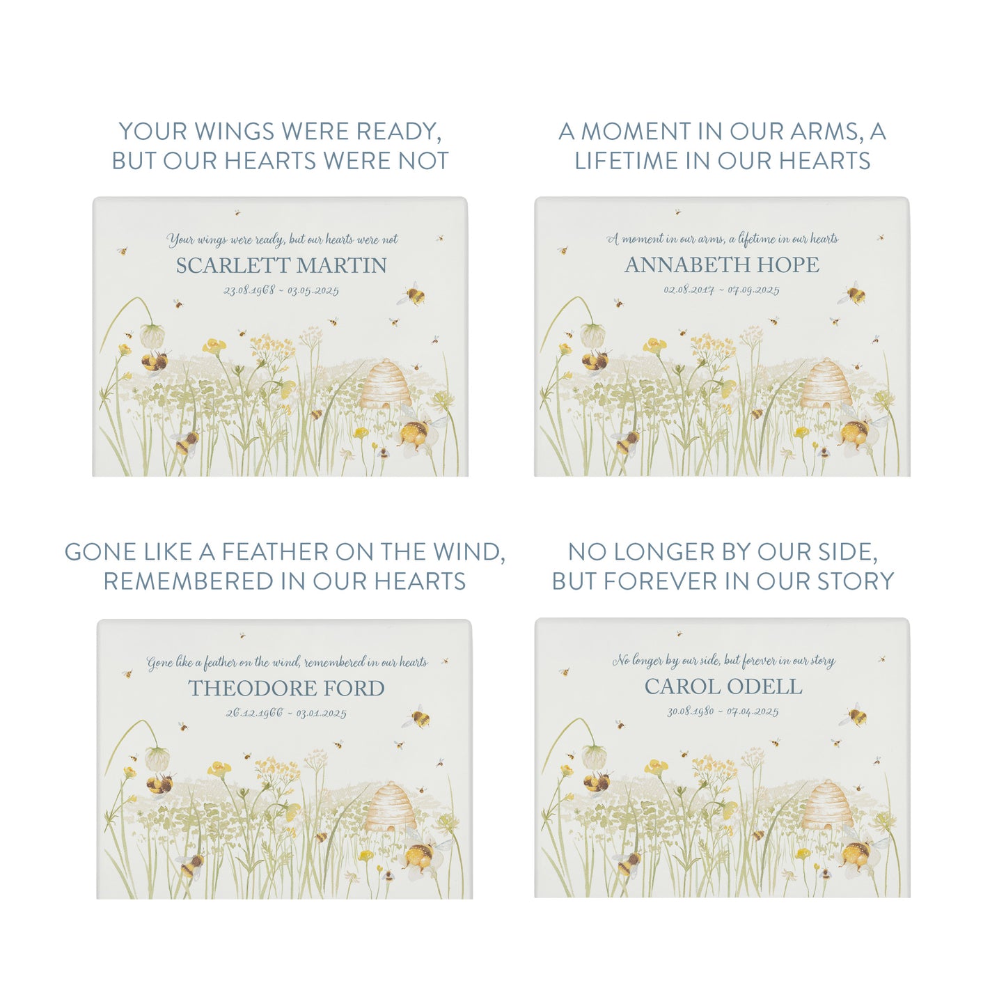Luxury solid wooden white painted Bee Meadow watercolour illustration our urns and Caskets for displaying or burying ashes. Customisable and can be personalised. Perfect funeral memory keepsake urn, for storing ashes for humans and pets.