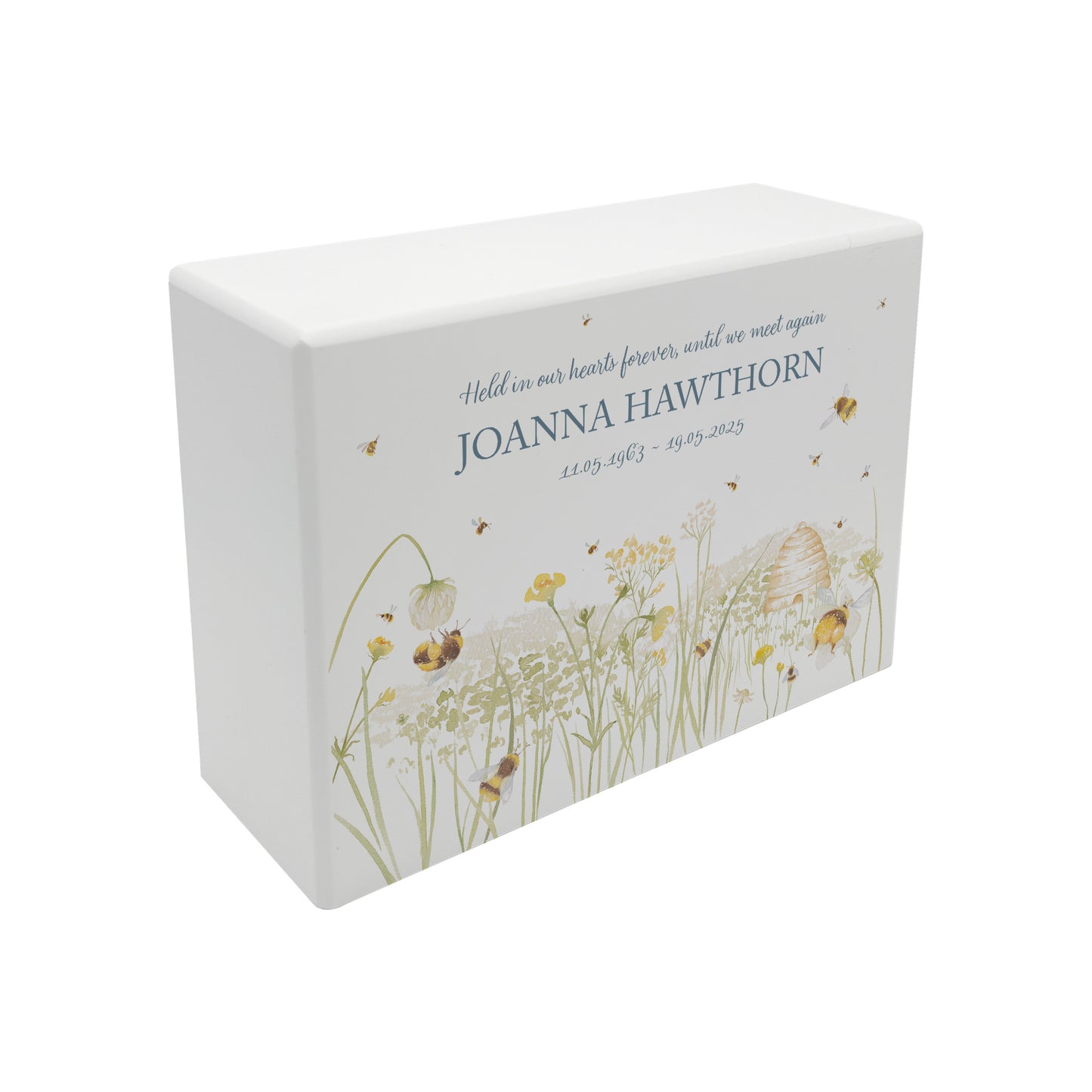 Luxury solid wooden white painted Bee Meadow watercolour illustration our urns and Caskets for displaying or burying ashes. Customisable and can be personalised. Perfect funeral memory keepsake urn, for storing ashes for humans and pets.