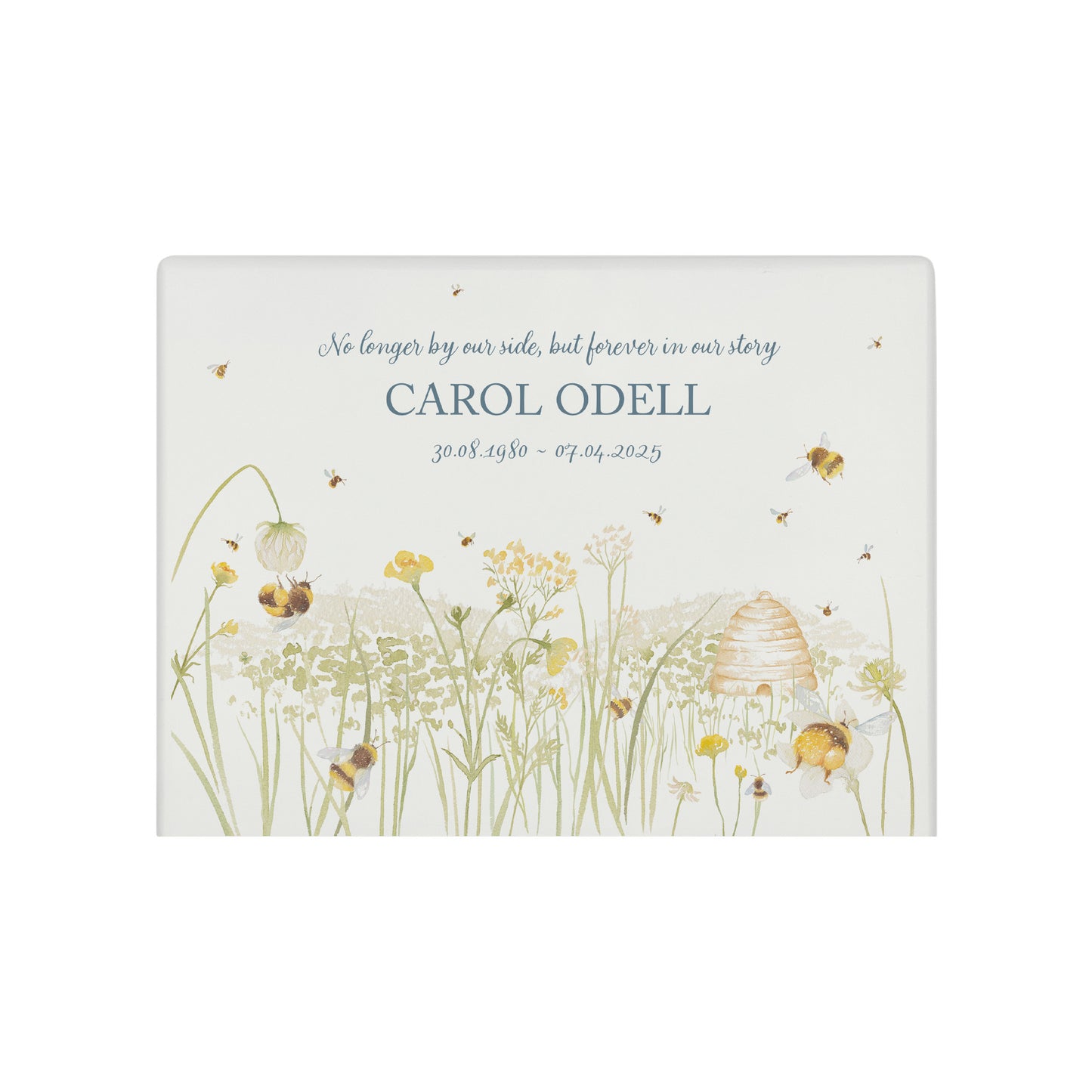 Luxury solid wooden white painted Bee Meadow watercolour illustration our urns and Caskets for displaying or burying ashes. Customisable and can be personalised. Perfect funeral memory keepsake urn, for storing ashes for humans and pets.