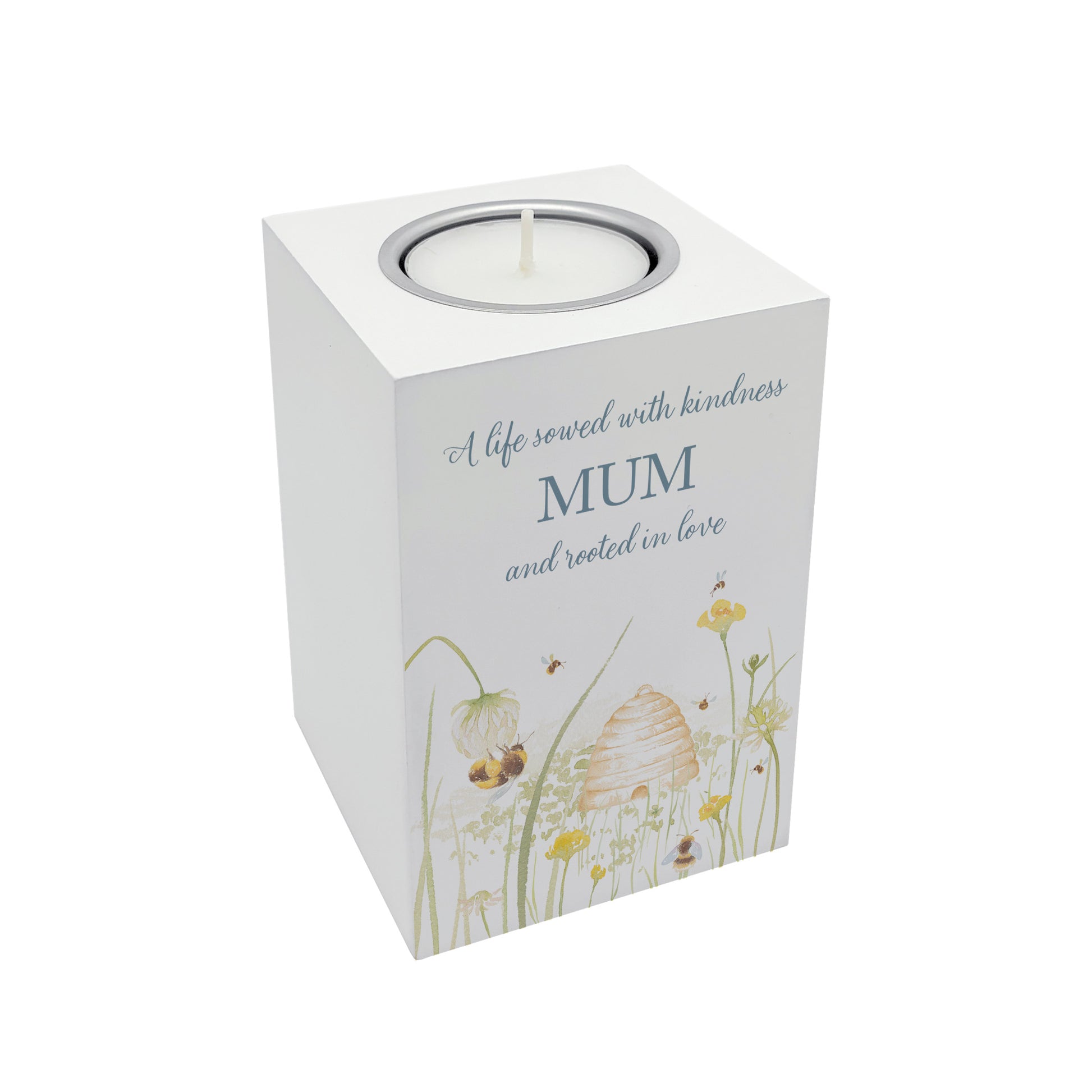 wooden cuboid luxury tealight holder with gorgeous personalised options . Each product is lovingly designed, handmade with our Countryside inspired watercolour designs. This design features a Bee Meadow,  unique designs to remember a loved on, great for memorial occasions.