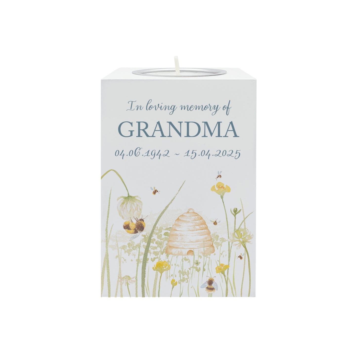 wooden cuboid luxury tealight holder with gorgeous personalised options . Each product is lovingly designed, handmade with our Countryside inspired watercolour designs. This design features a Bee Meadow, unique designs to remember a loved on, great for memorial occasions.