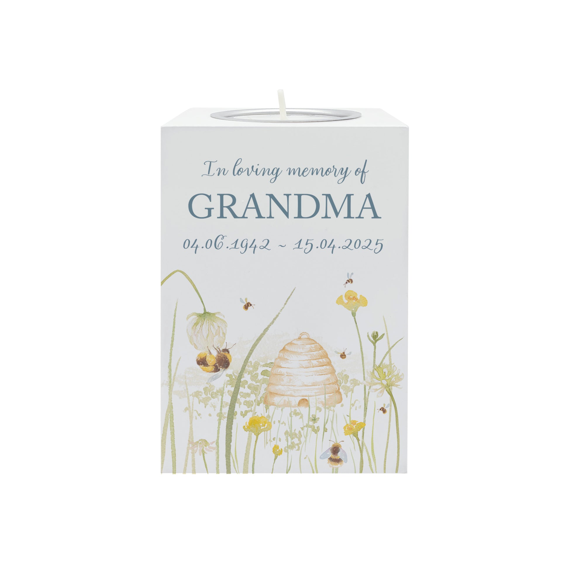 wooden cuboid luxury tealight holder with gorgeous personalised options . Each product is lovingly designed, handmade with our Countryside inspired watercolour designs. This design features a Bee Meadow,  unique designs to remember a loved on, great for memorial occasions.