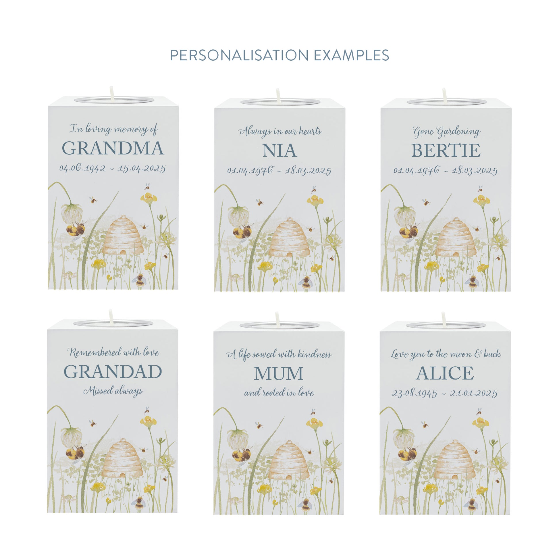 wooden cuboid luxury tealight holder with gorgeous personalised options . Each product is lovingly designed, handmade with our Countryside inspired watercolour designs. This design features a Bee Meadow,  unique designs to remember a loved on, great for memorial occasions.