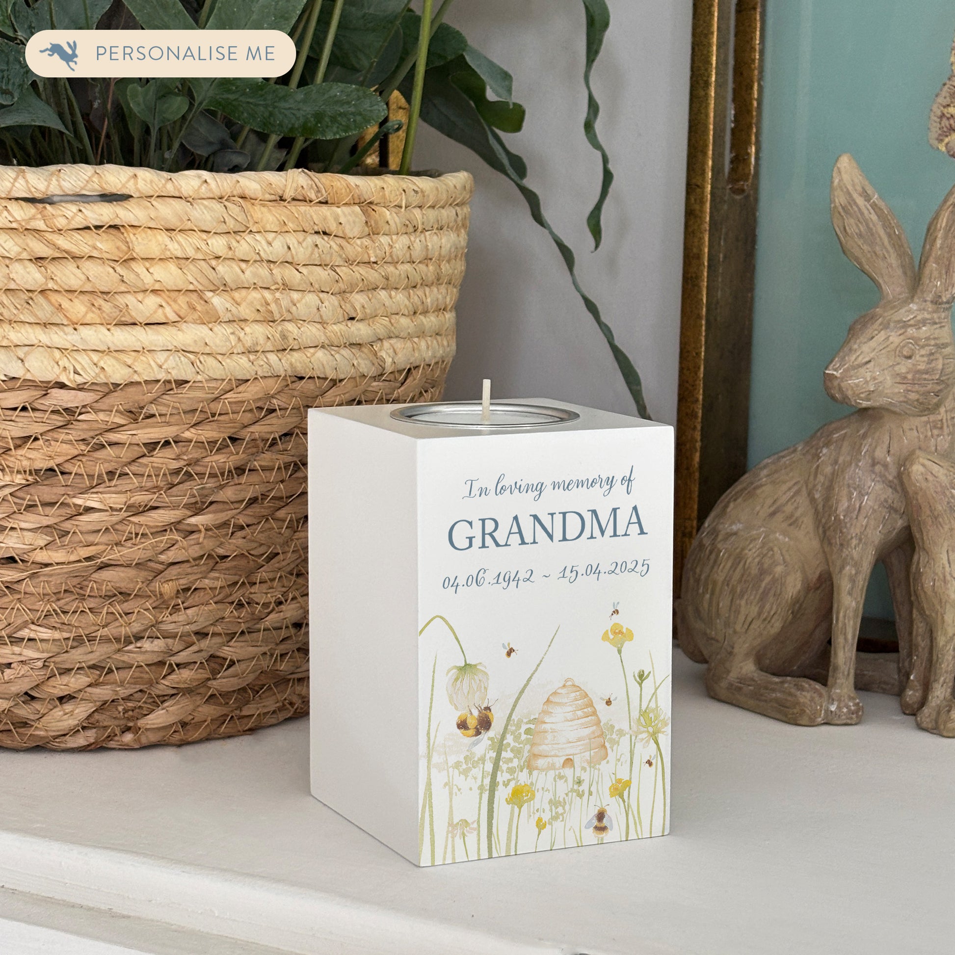 wooden cuboid luxury tealight holder with gorgeous personalised options . Each product is lovingly designed, handmade with our Countryside inspired watercolour designs. This design features a Bee Meadow,  unique designs to remember a loved on, great for memorial occasions.
