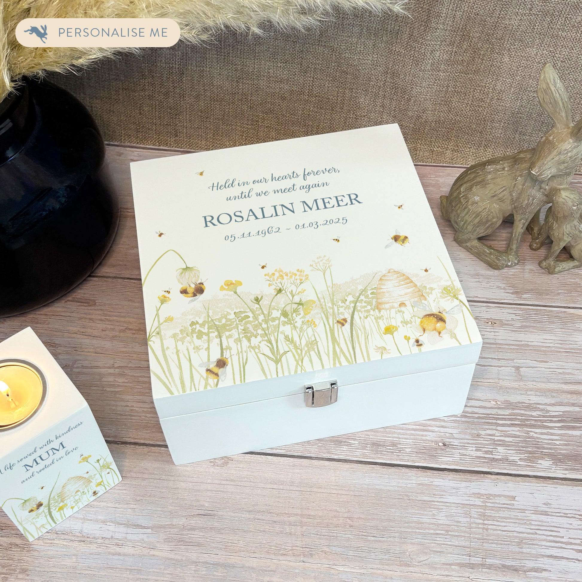 White Square personalised Wooden box with a decorative lid featuring illustrations of a Bee Meadow Perfect funeral memory keepsake box, for storing ashes, order of service, flowers and capturing your loved ones things in one place.