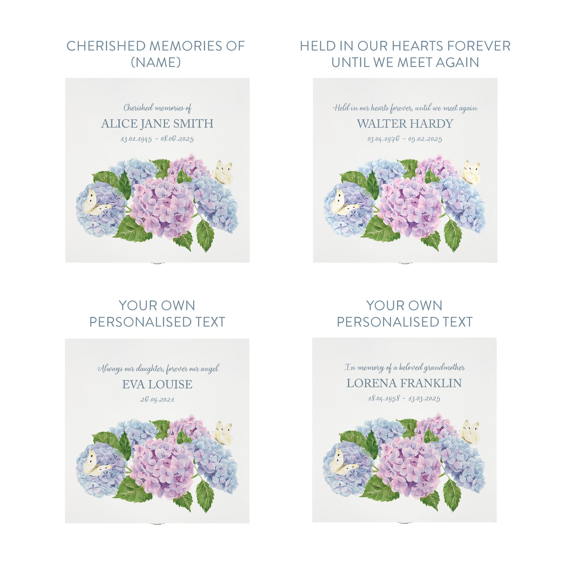 White Square personalised Wooden box with a decorative lid featuring illustrations of Hydrangeas with butterflies,  Perfect funeral memory keepsake box, for storing ashes, order of service, flowers and capturing your loved ones things in one place