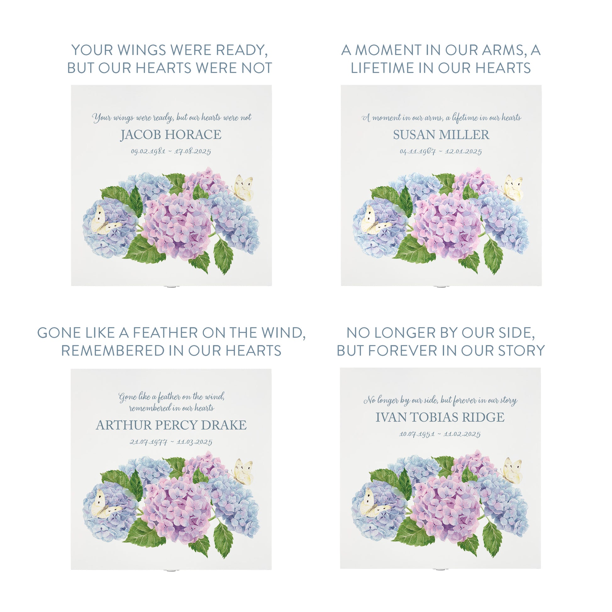 White Square personalised Wooden box with a decorative lid featuring illustrations of Hydrangeas with butterflies,  Perfect funeral memory keepsake box, for storing ashes, order of service, flowers and capturing your loved ones things in one place