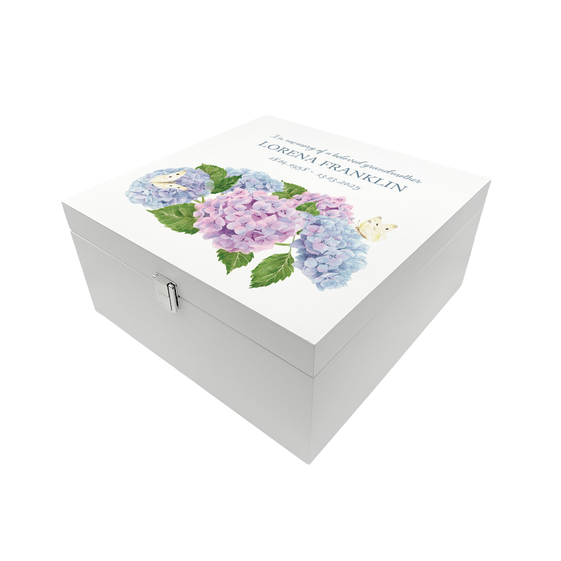 White Square personalised Wooden box with a decorative lid featuring illustrations of Hydrangeas with butterflies,  Perfect funeral memory keepsake box, for storing ashes, order of service, flowers and capturing your loved ones things in one place
