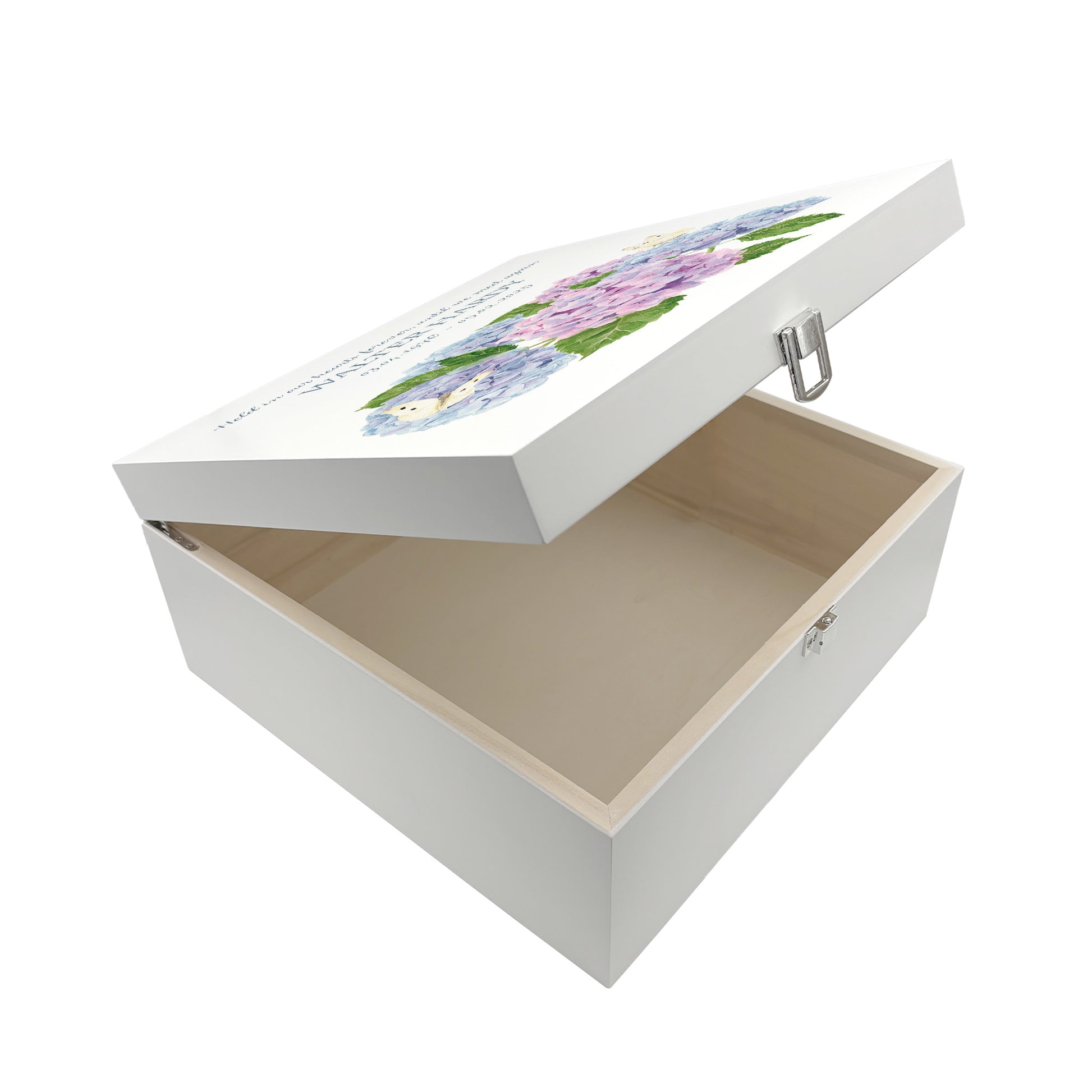 White Square personalised Wooden box with a decorative lid featuring illustrations of Hydrangeas with butterflies,  Perfect funeral memory keepsake box, for storing ashes, order of service, flowers and capturing your loved ones things in one place