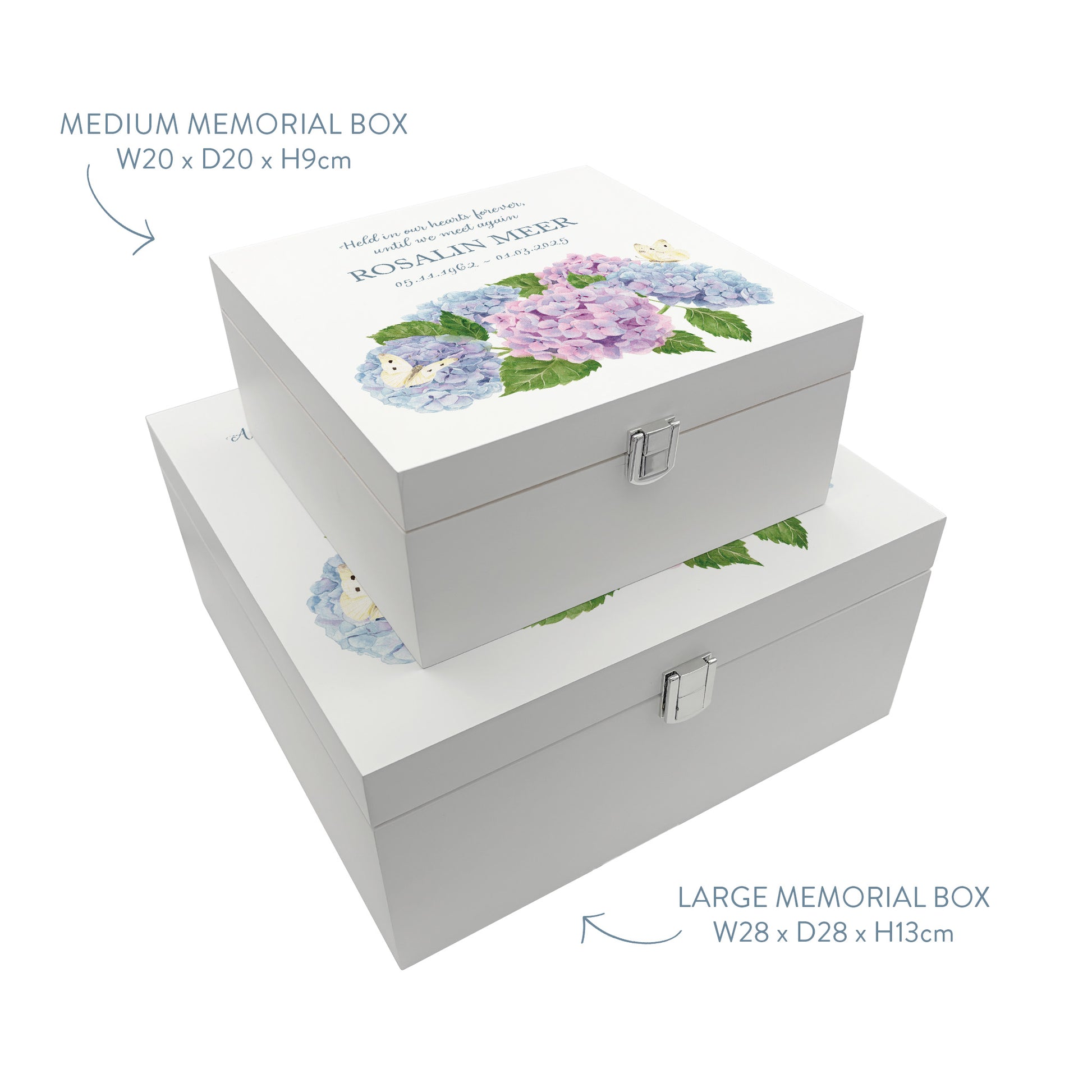 White Square personalised Wooden box with a decorative lid featuring illustrations of Hydrangeas with butterflies,  Perfect funeral memory keepsake box, for storing ashes, order of service, flowers and capturing your loved ones things in one place
