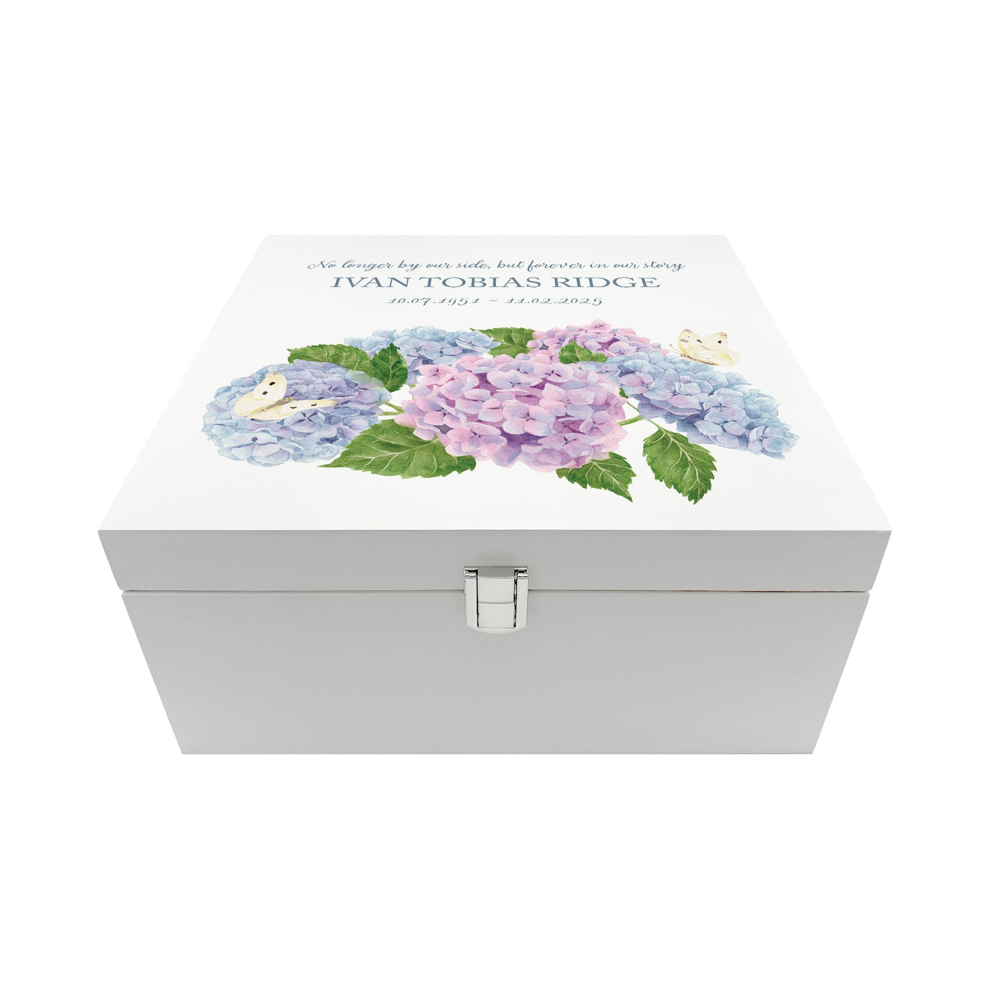 White Square personalised Wooden box with a decorative lid featuring illustrations of Hydrangeas with butterflies,  Perfect funeral memory keepsake box, for storing ashes, order of service, flowers and capturing your loved ones things in one place