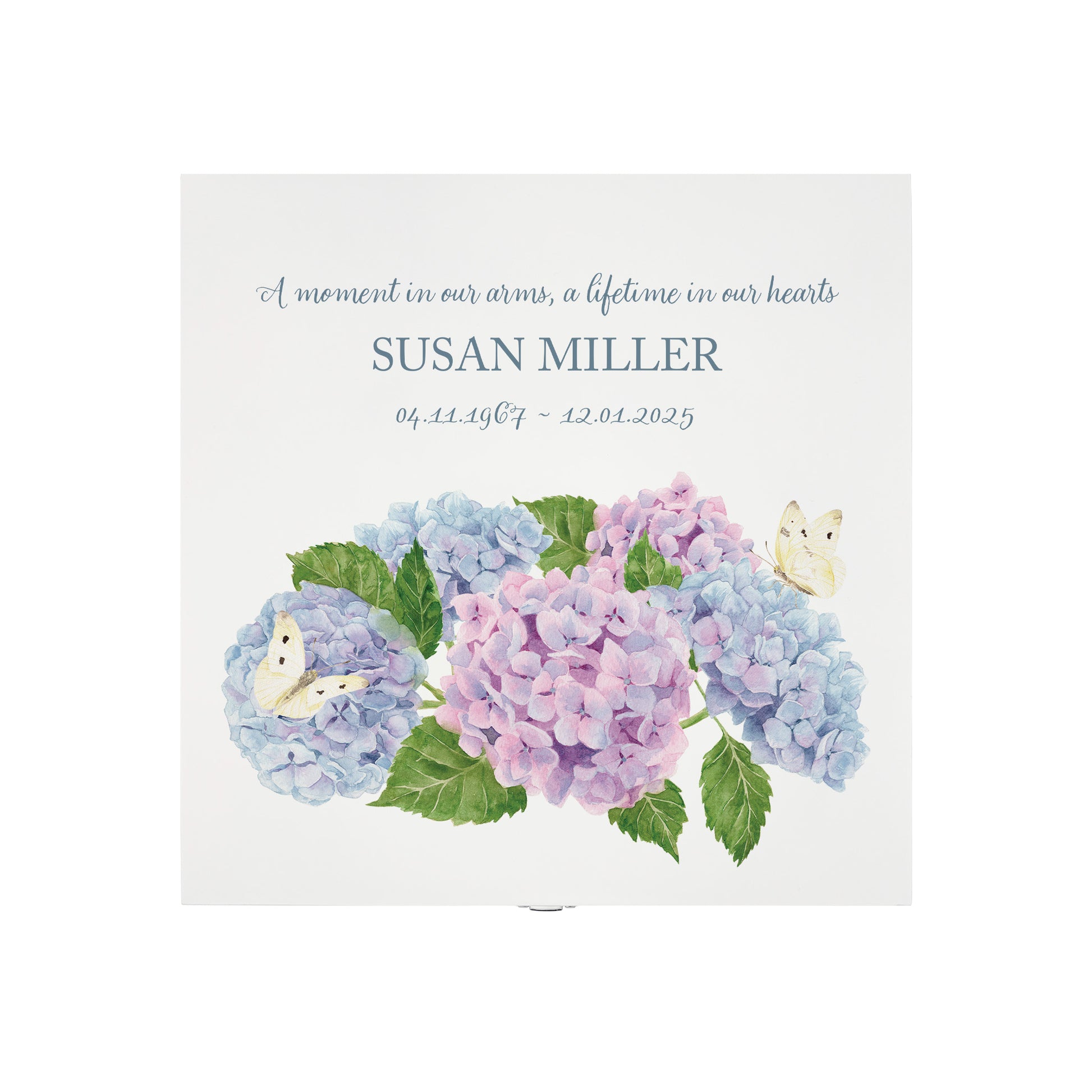 White Square personalised Wooden box with a decorative lid featuring illustrations of Hydrangeas with butterflies,  Perfect funeral memory keepsake box, for storing ashes, order of service, flowers and capturing your loved ones things in one place