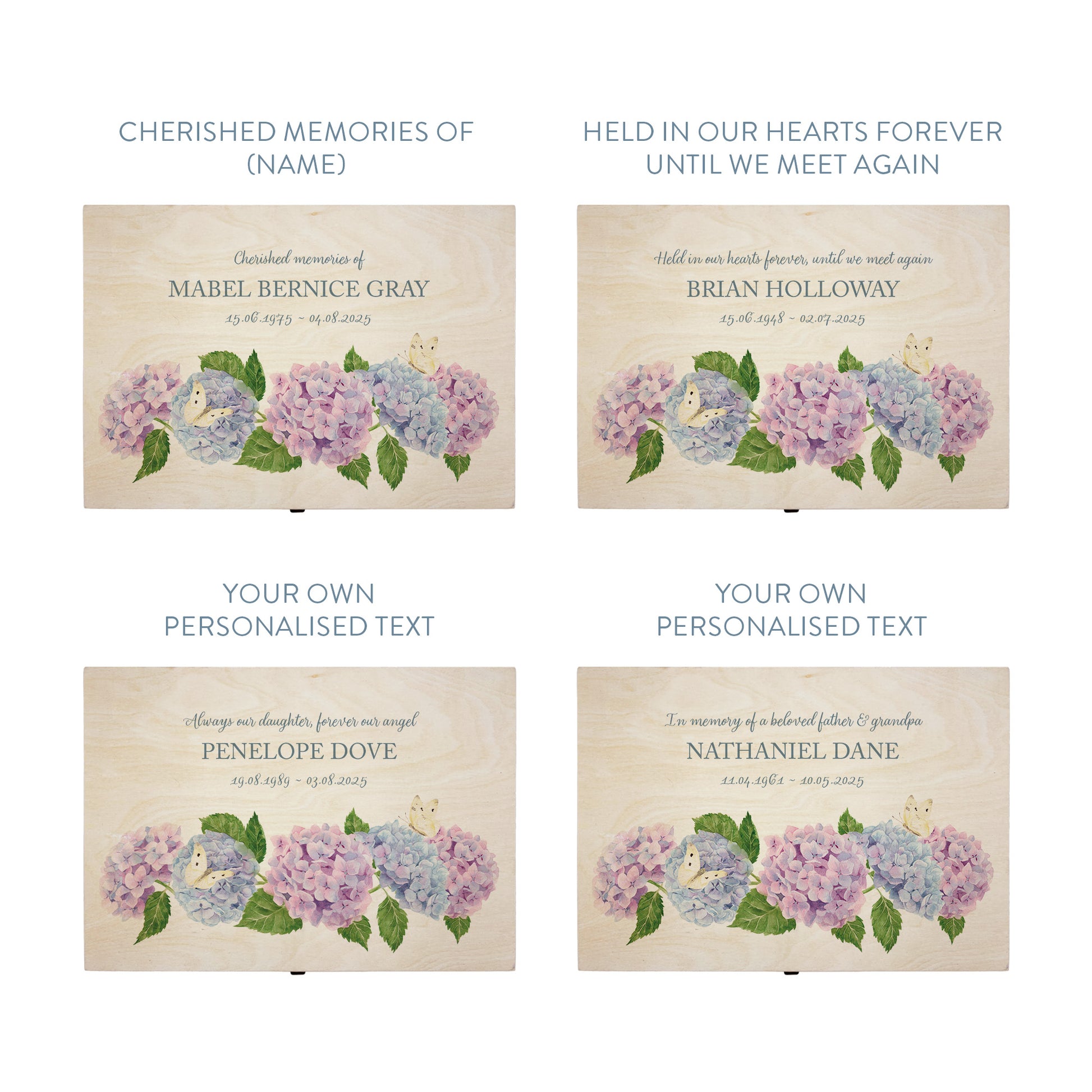 Wooden box with a lid featuring an illustrations of Hydrangeas and Butterflies, Perfect funeral memory keepsake box, for storing ashes, order of service, flowers, pictures.