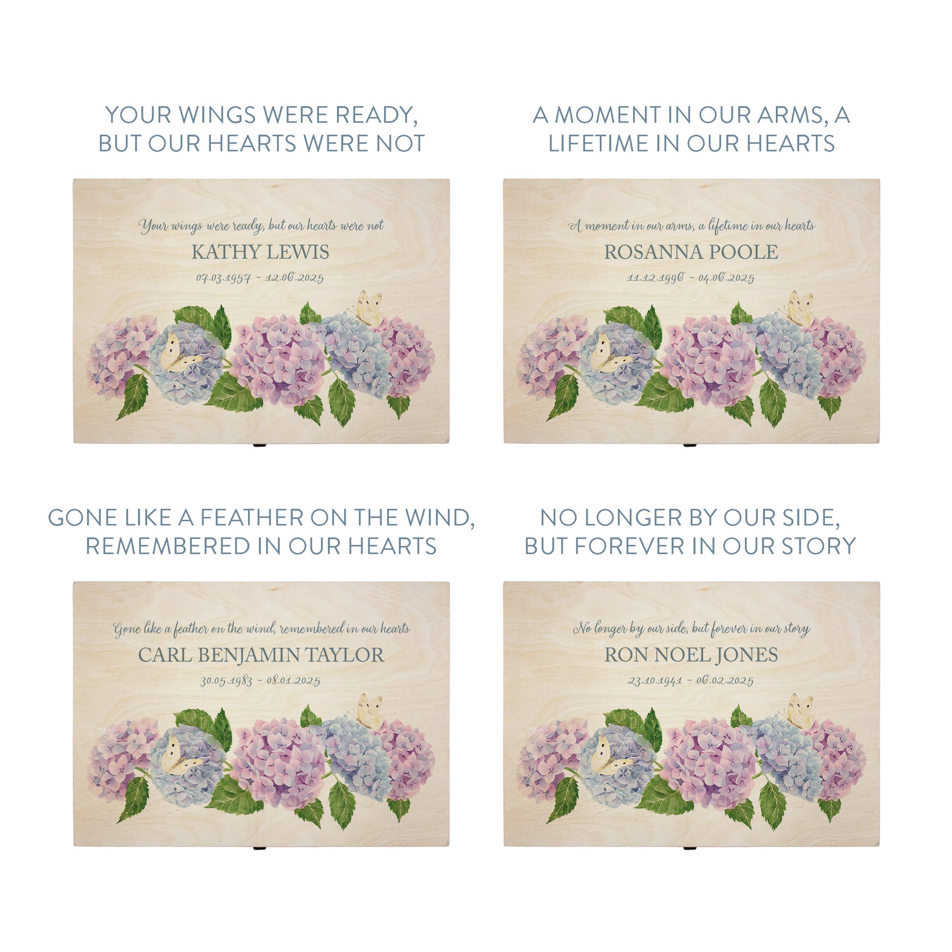 Wooden box with a lid featuring an illustrations of Hydrangeas and Butterflies, Perfect funeral memory keepsake box, for storing ashes, order of service, flowers, pictures.