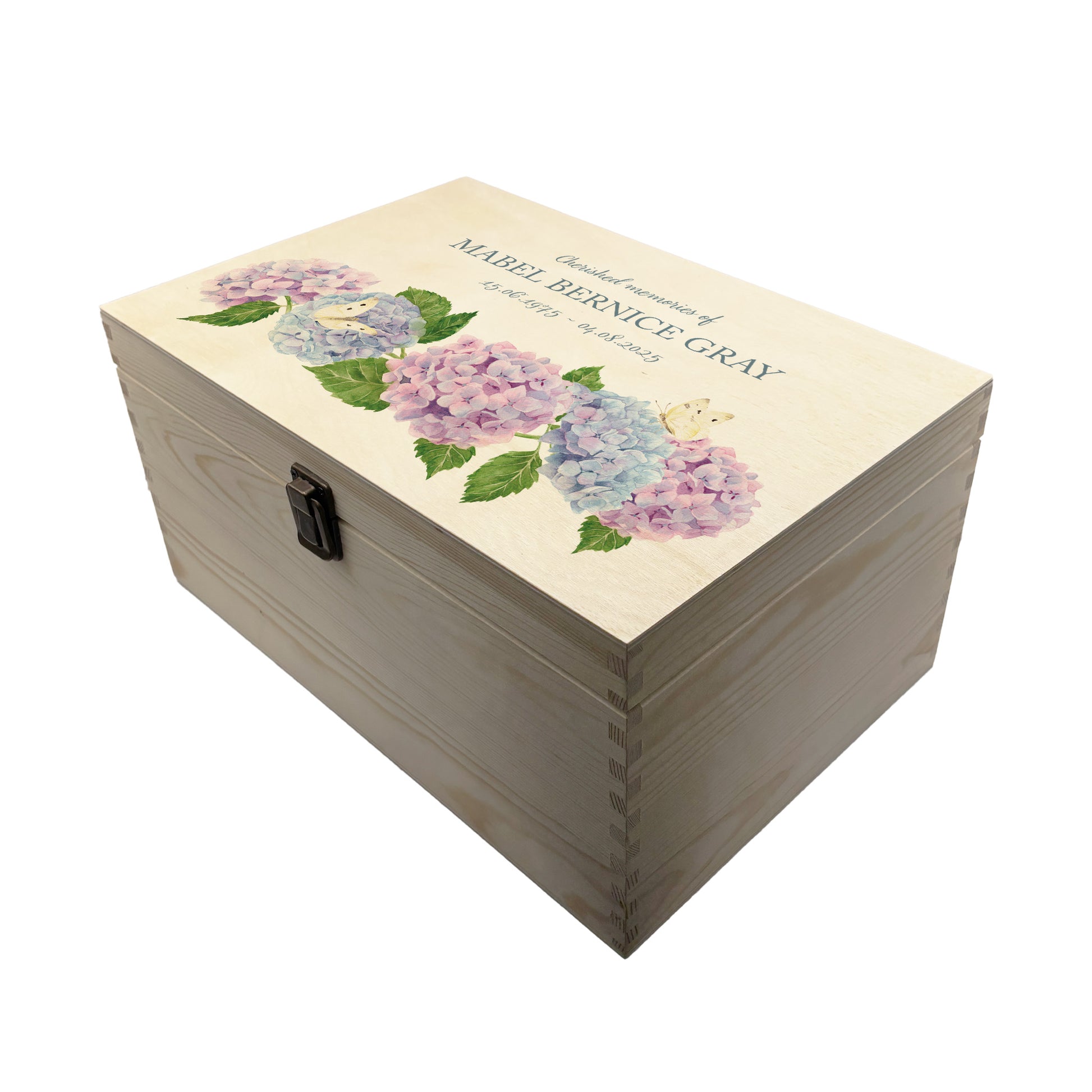 Wooden box with a lid featuring an illustrations of Hydrangeas and Butterflies, Perfect funeral memory keepsake box, for storing ashes, order of service, flowers, pictures.