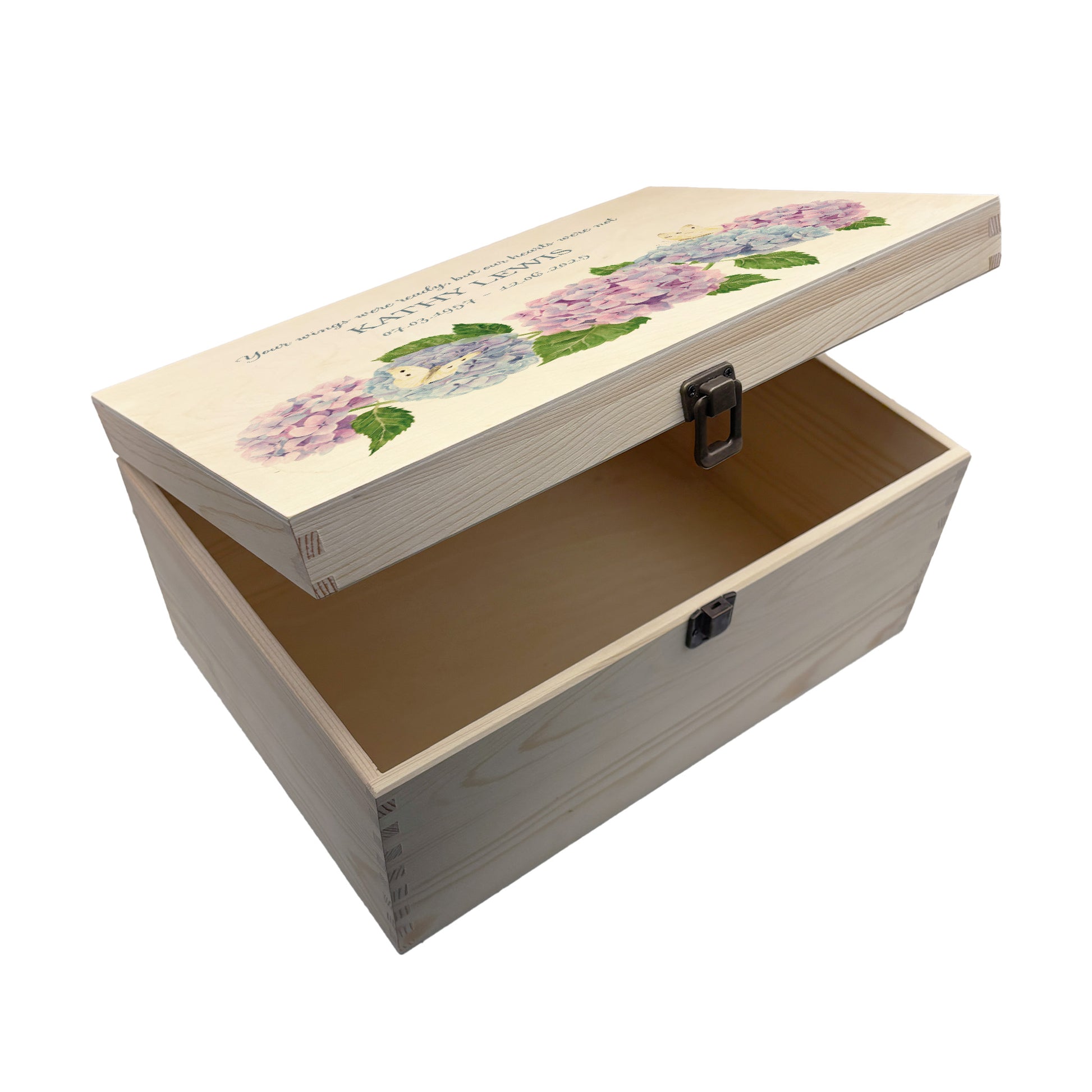 Wooden box with a lid featuring an illustrations of Hydrangeas and Butterflies, Perfect funeral memory keepsake box, for storing ashes, order of service, flowers, pictures.