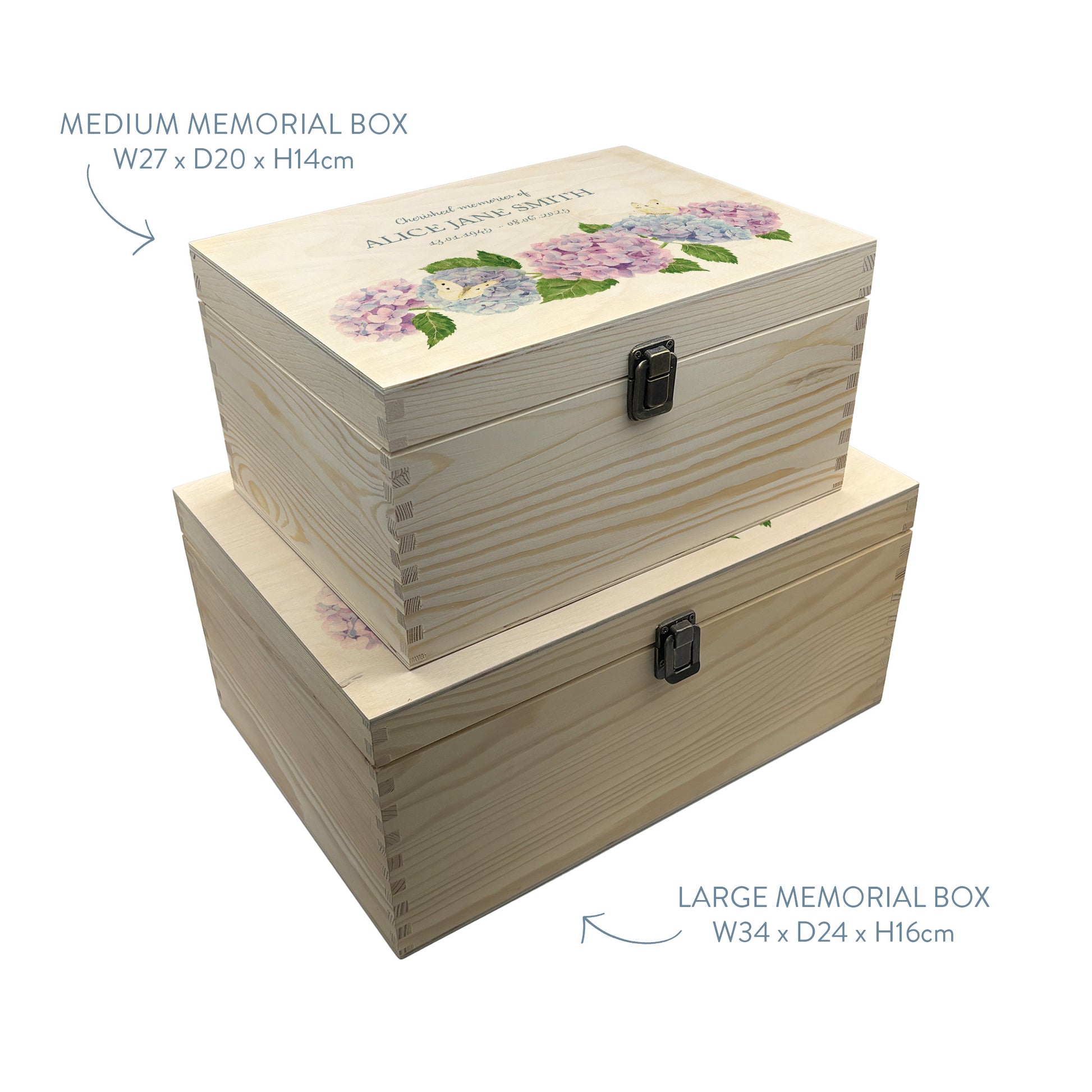 Wooden box with a lid featuring an illustrations of Hydrangeas and Butterflies, Perfect funeral memory keepsake box, for storing ashes, order of service, flowers, pictures.