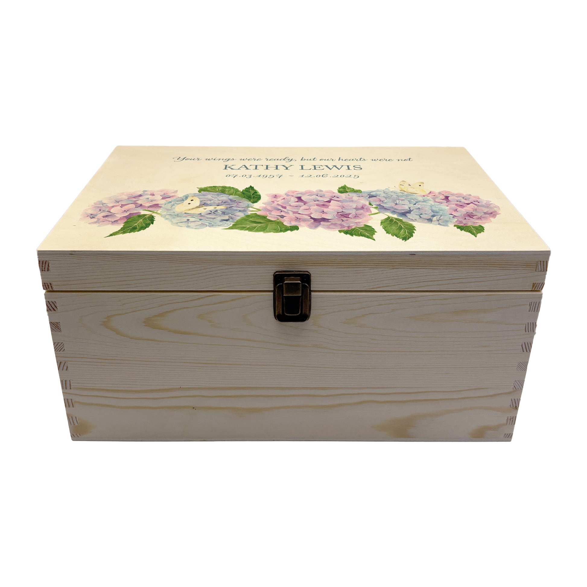 Wooden box with a lid featuring an illustrations of Hydrangeas and Butterflies, Perfect funeral memory keepsake box, for storing ashes, order of service, flowers, pictures.