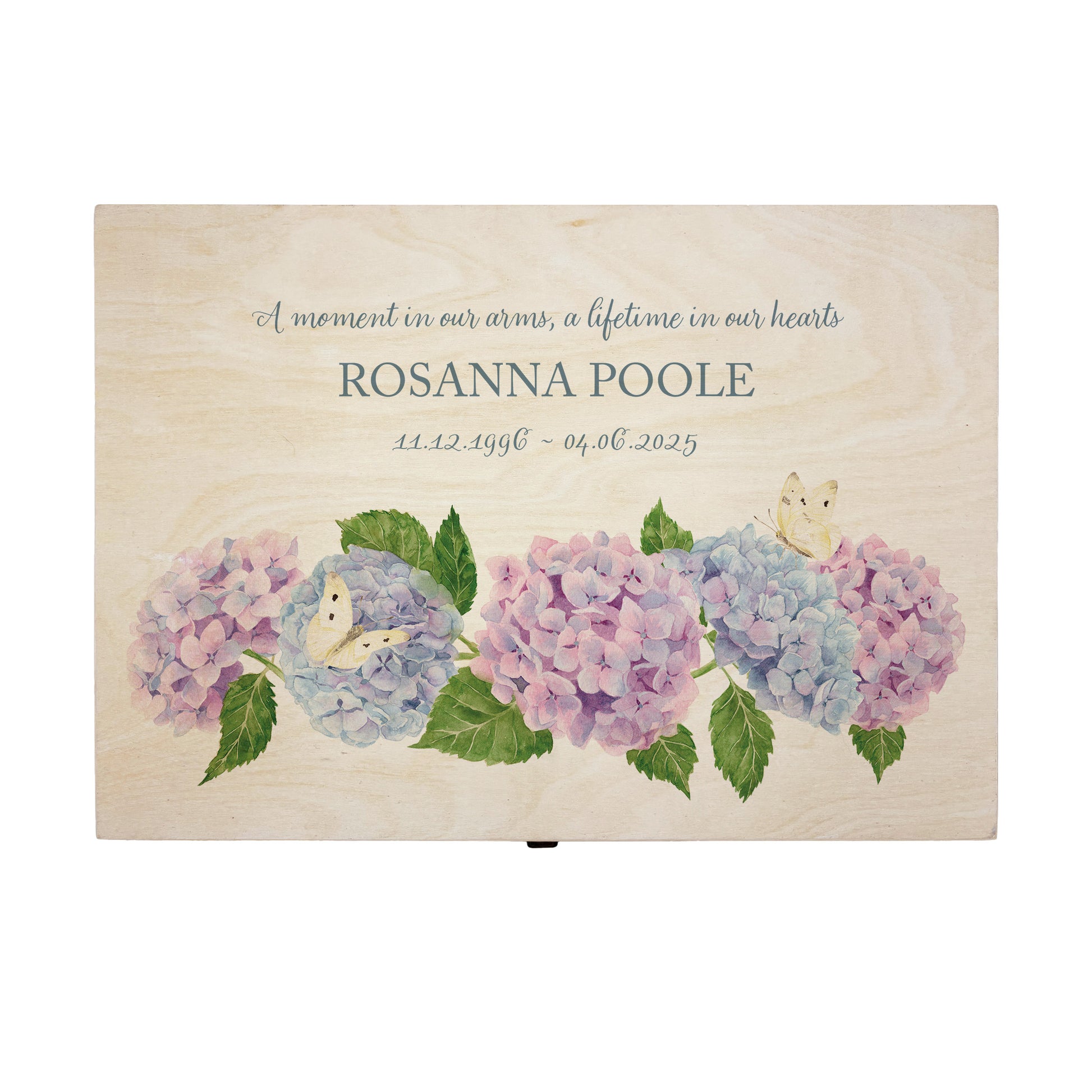 Wooden box with a lid featuring an illustrations of Hydrangeas and Butterflies, Perfect funeral memory keepsake box, for storing ashes, order of service, flowers, pictures.