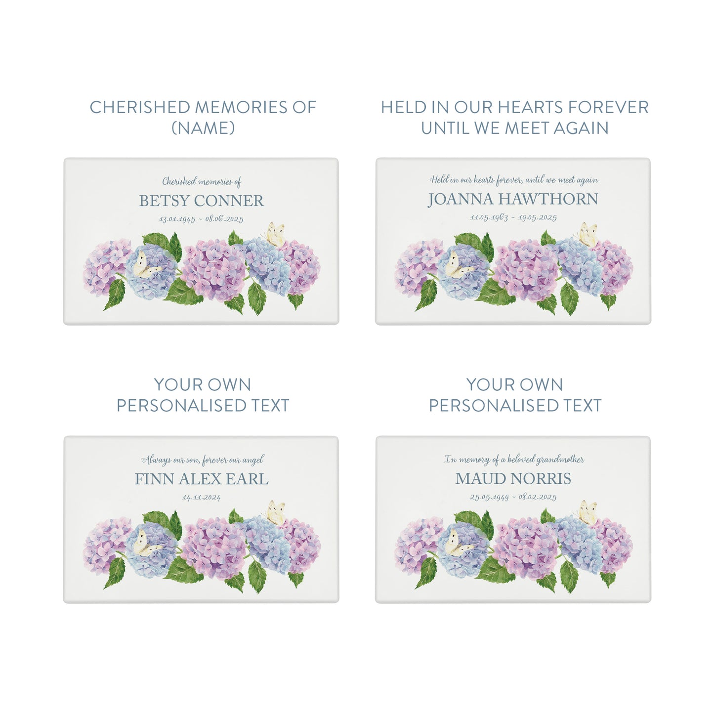 Luxury solid wooden white painted Urn with Hydrangeas and butterflies, a watercolour illustration, our urns and Caskets for displaying or burying ashes. Customisable and can be personalised. Perfect funeral memory keepsake urn, for storing ashes for humans and pets.