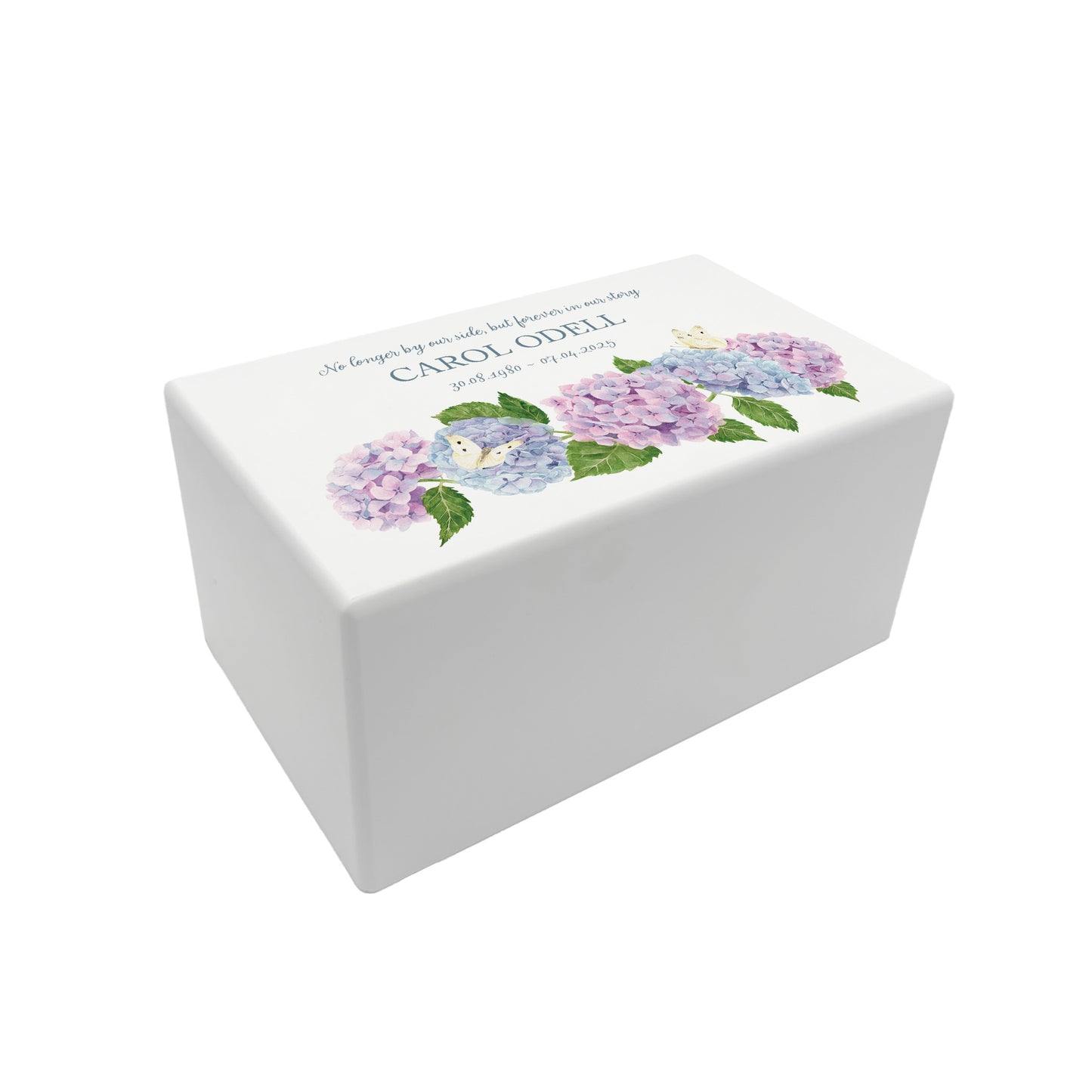 Luxury solid wooden white painted Urn with Hydrangeas and butterflies, a watercolour illustration, our urns and Caskets for displaying or burying ashes. Customisable and can be personalised. Perfect funeral memory keepsake urn, for storing ashes for humans and pets.