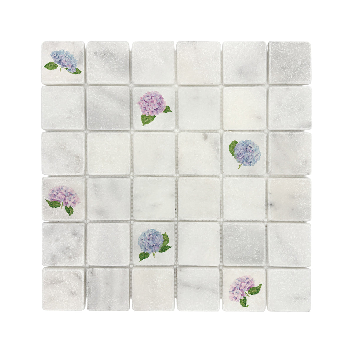 Mosaic splashback with a watercolour Hydrangea Flower design perfect for behind an Aga, kitchen sink, shower or windowsill