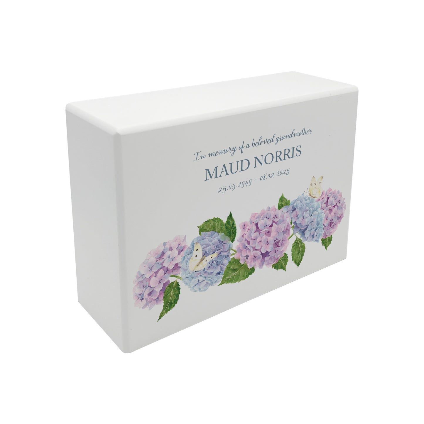 Luxury solid wooden white painted Hydrangea watercolour illustration our urns and Caskets for displaying or burying ashes. Customisable and can be personalised. Perfect funeral memory keepsake urn, for storing ashes for humans and pets.