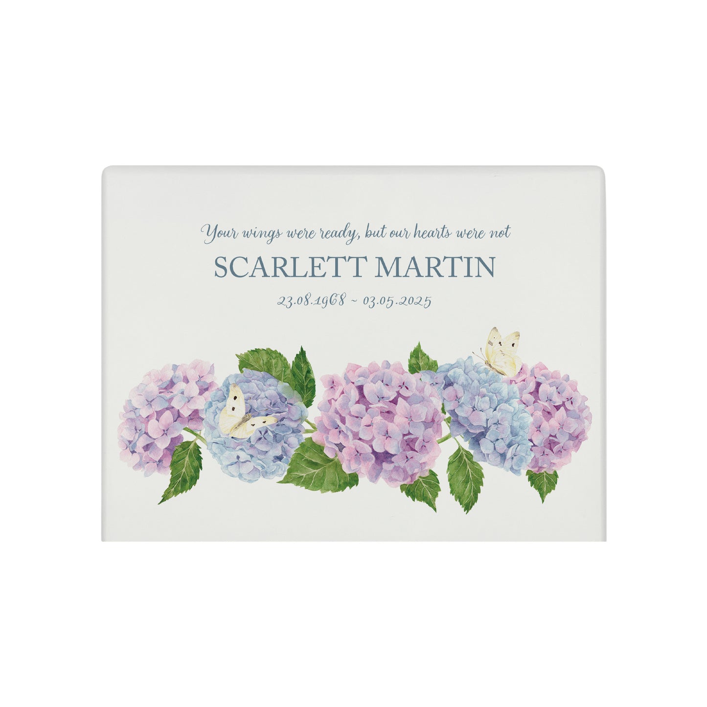Luxury solid wooden white painted Hydrangea watercolour illustration our urns and Caskets for displaying or burying ashes. Customisable and can be personalised. Perfect funeral memory keepsake urn, for storing ashes for humans and pets.