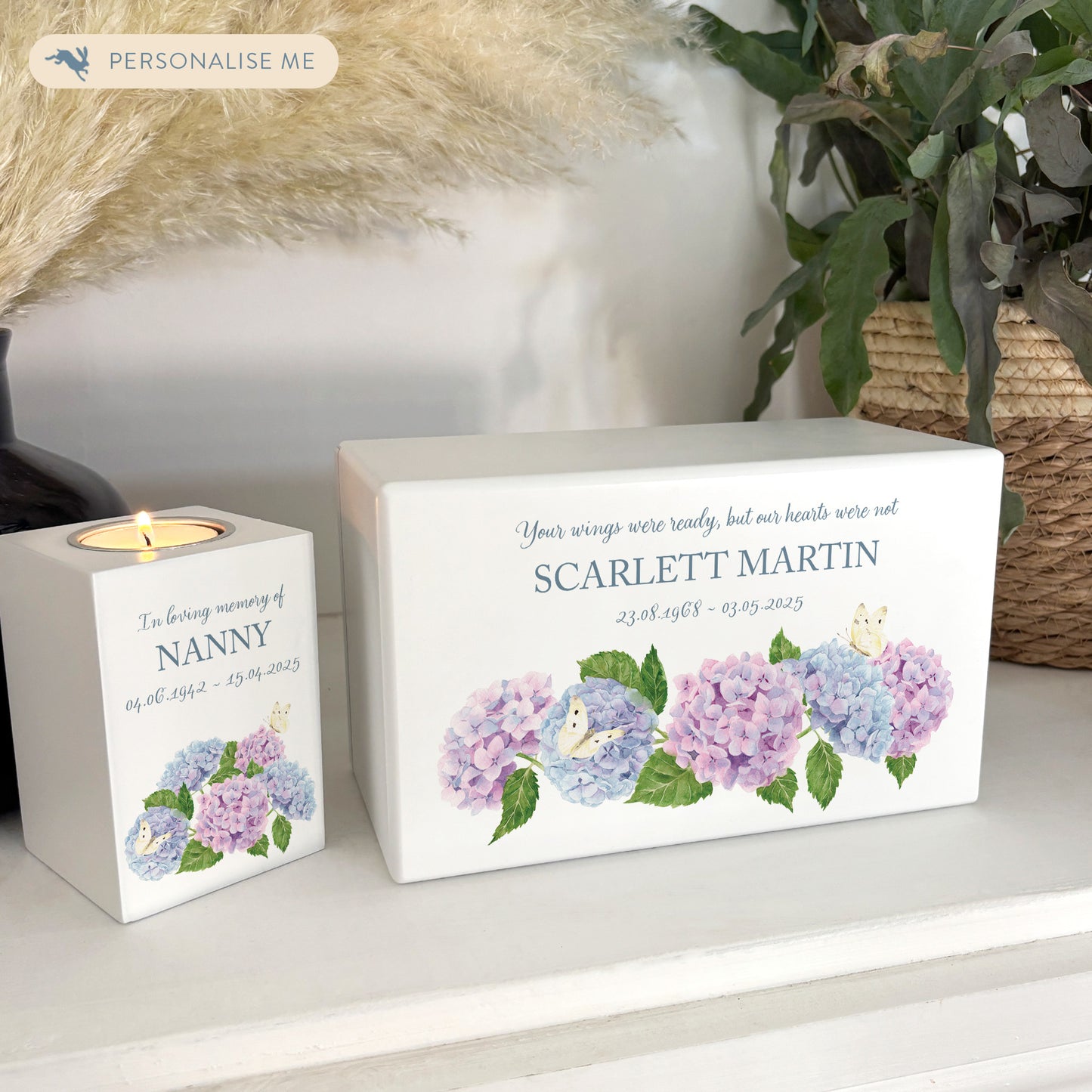 Luxury solid wooden white painted Urn with Hydrangeas and butterflies, a watercolour illustration, our urns and Caskets for displaying or burying ashes. Customisable and can be personalised. Perfect funeral memory keepsake urn, for storing ashes for humans and pets.