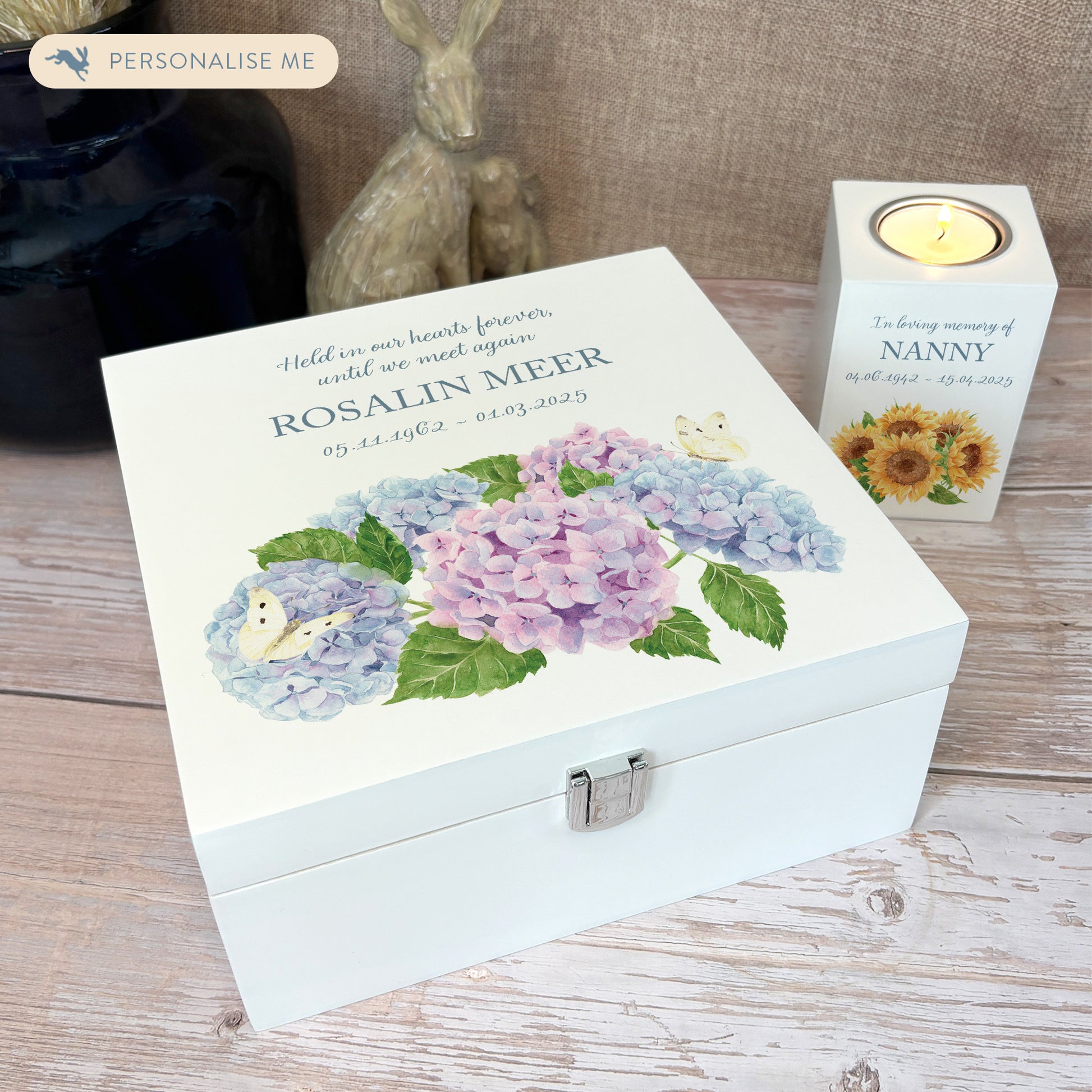 White Square personalised Wooden box with a decorative lid featuring illustrations of Hydrangeas with butterflies,  Perfect funeral memory keepsake box, for storing ashes, order of service, flowers and capturing your loved ones things in one place
