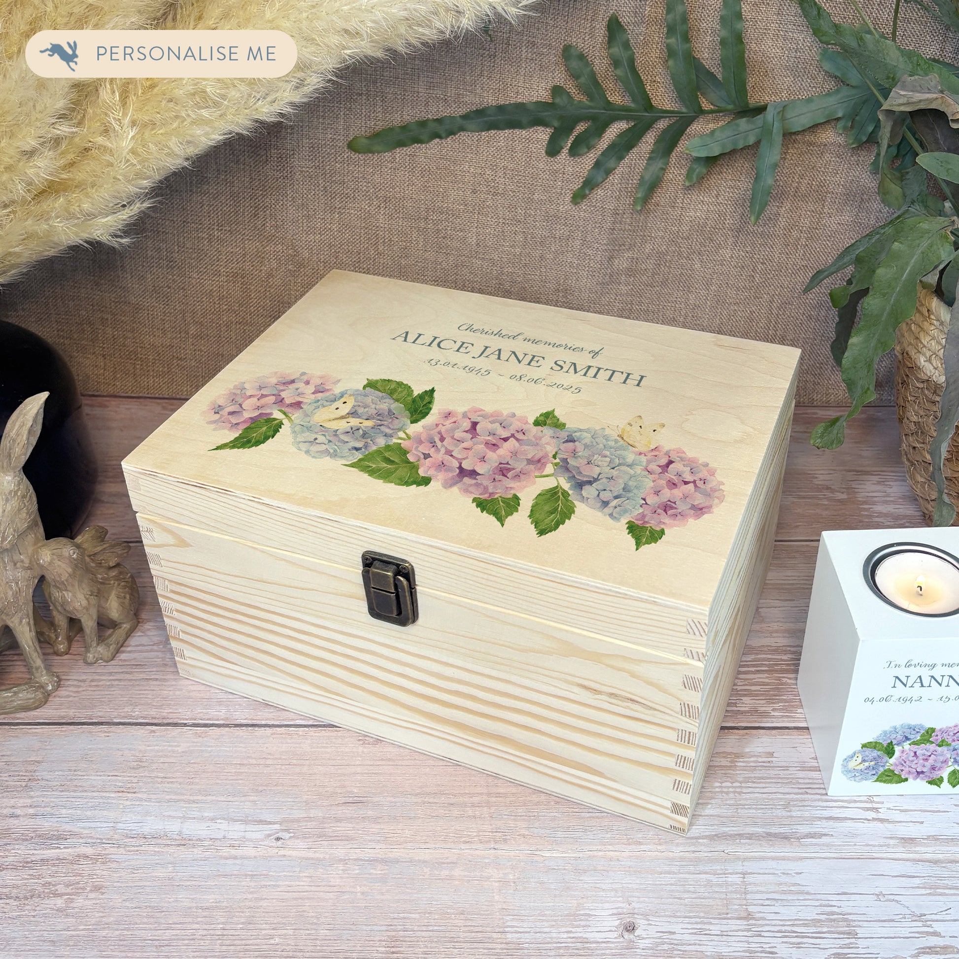 Wooden box with a decorative lid featuring illustrations of hydrangea flowers and butterflies. Perfect funeral memory keepsake box, for storing ashes, order of service, flowers, Funeral Box