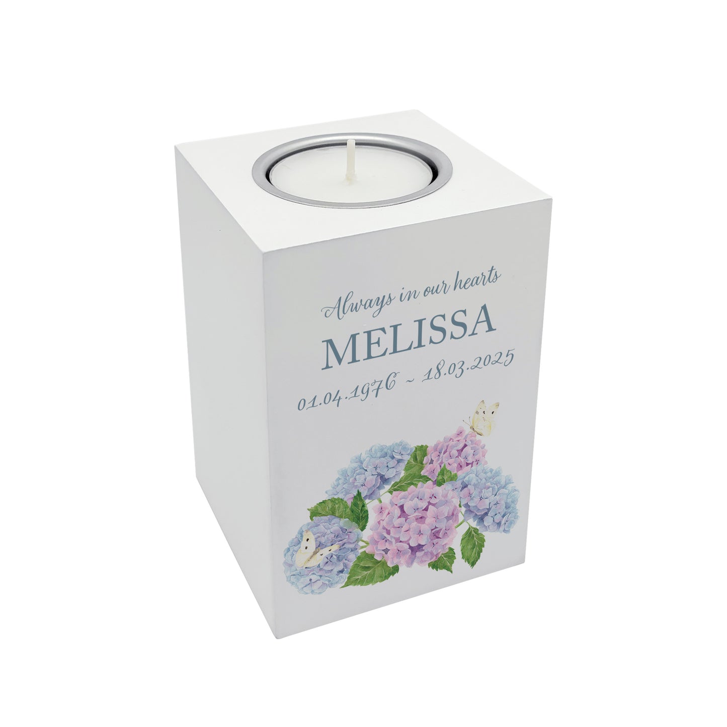 wooden cuboid luxury tealight holder with gorgeous personalised options . Each product is lovingly designed, handmade with our Countryside inspired watercolour designs. This design feature Hydrangeas and Butterflies, unique designs to remember a loved on, great for memorial occasions