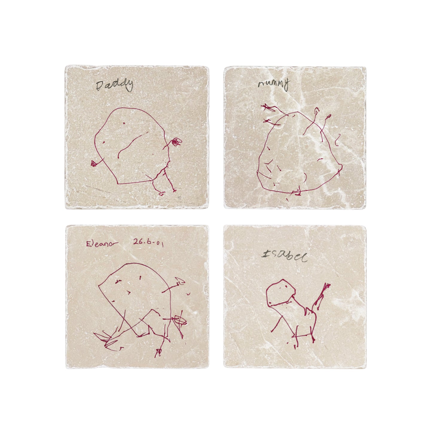 A set of 4 marble coasters each personalised with a child's drawing of each family member. A unique and sentimental keepsake gift.