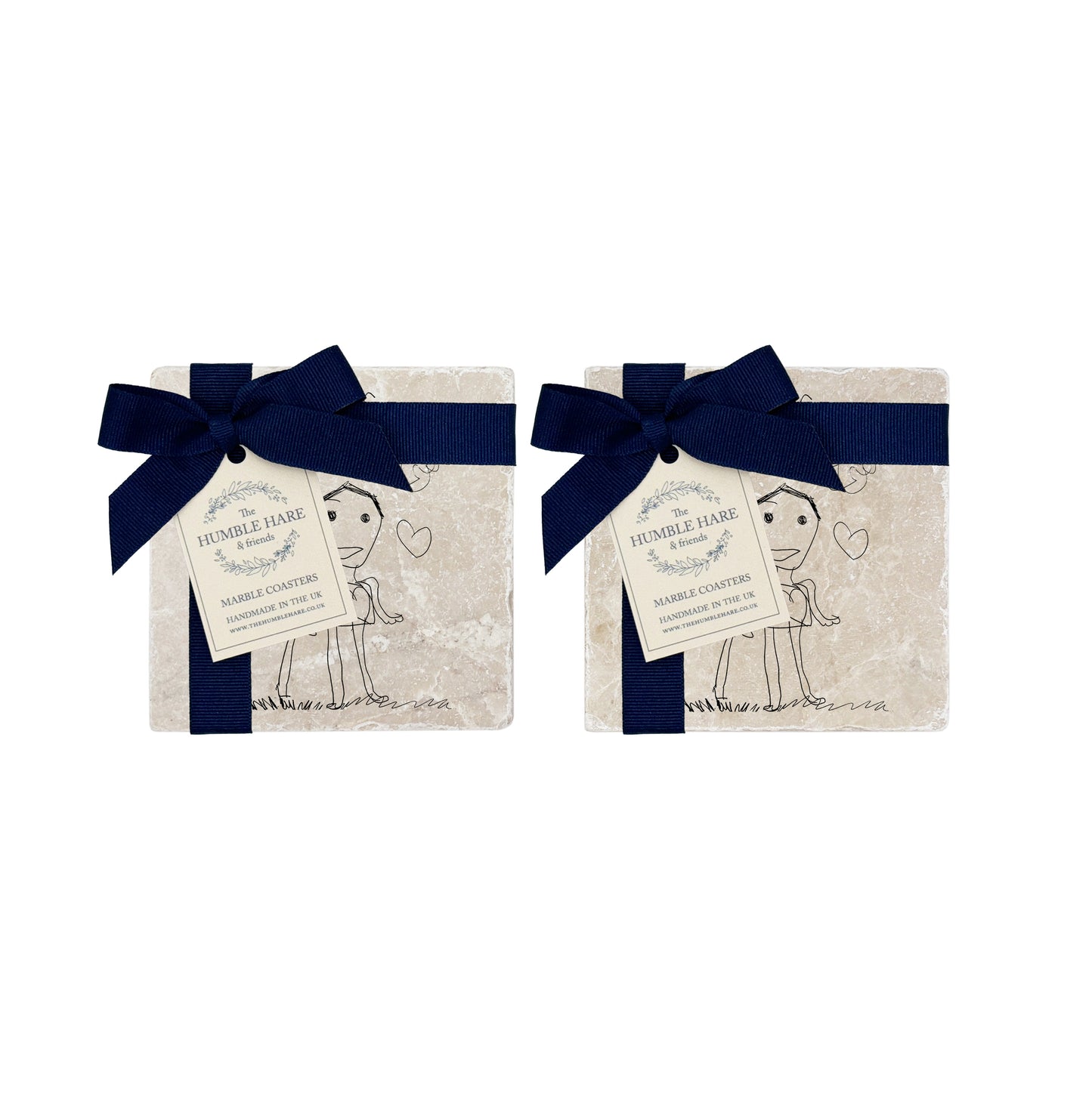 A set of 4 personalised marble coasters with custom child’s drawing, ideal for parent and grandparent gifts. The coasters are packaged with luxurious blue bows and gift tags.