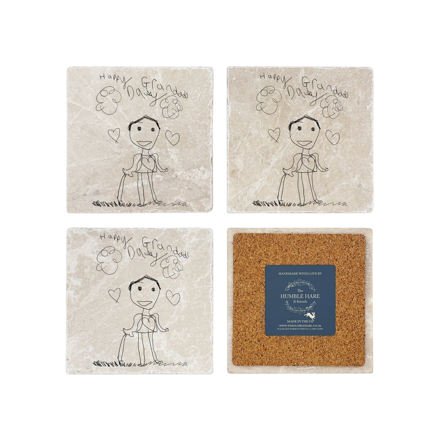 A set of 4 personalised marble coasters featuring bespoke children's drawings, the perfect family keepsake gift. One coaster is flipped to show the cork backing and a branded sticker.