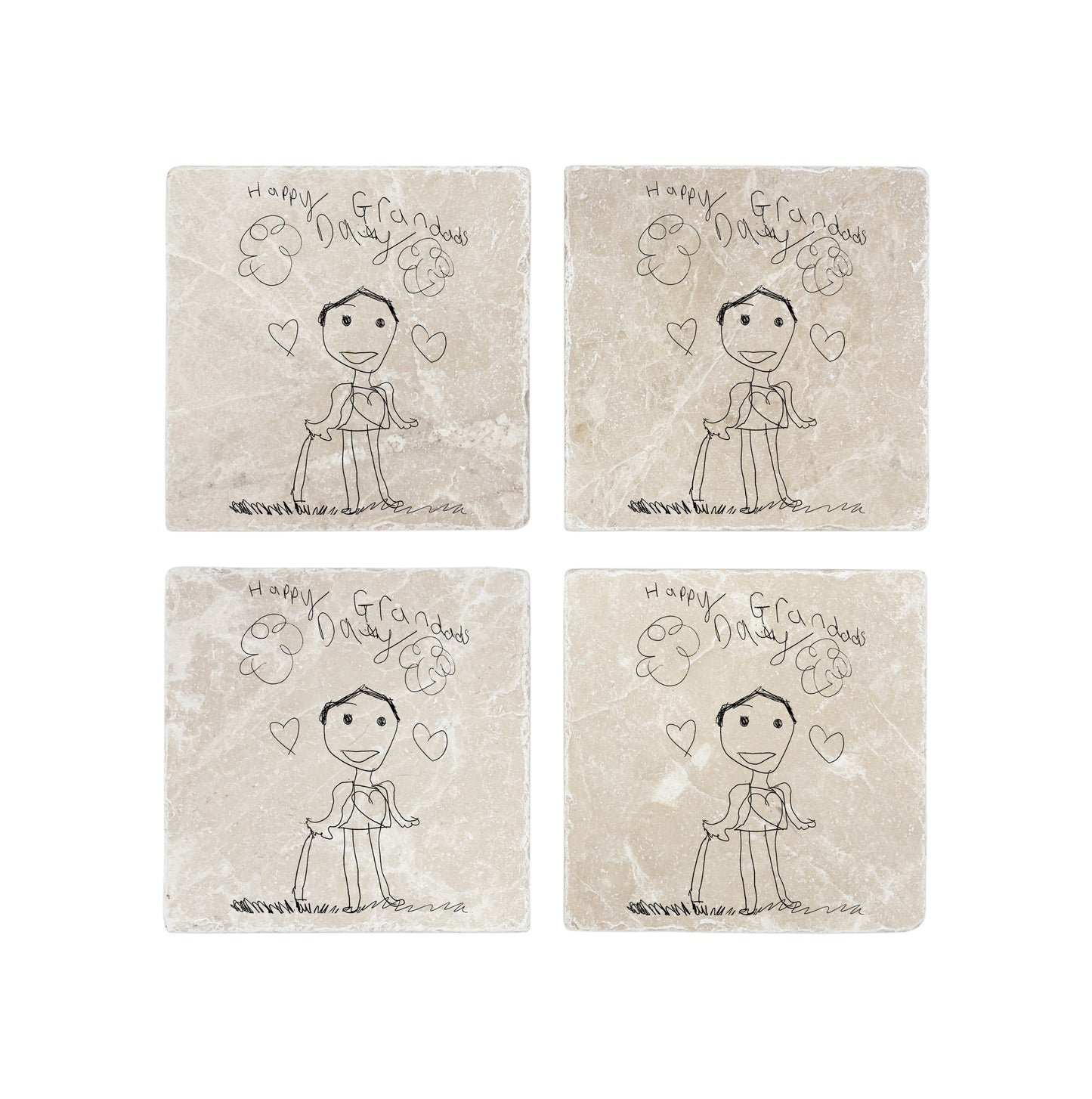 A set of 4 marble coasters featuring a personalised child’s drawing, a one-of-a-kind gift for parents, grandparents and family members.